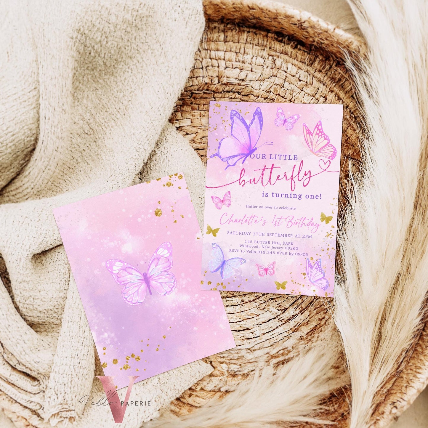 Pink Purple Glitter Watercolor Butterfly Birthday Party Invitation | A little Butterfly ANY AGE Party Invite | Pink Gold Sparkle Butterfly