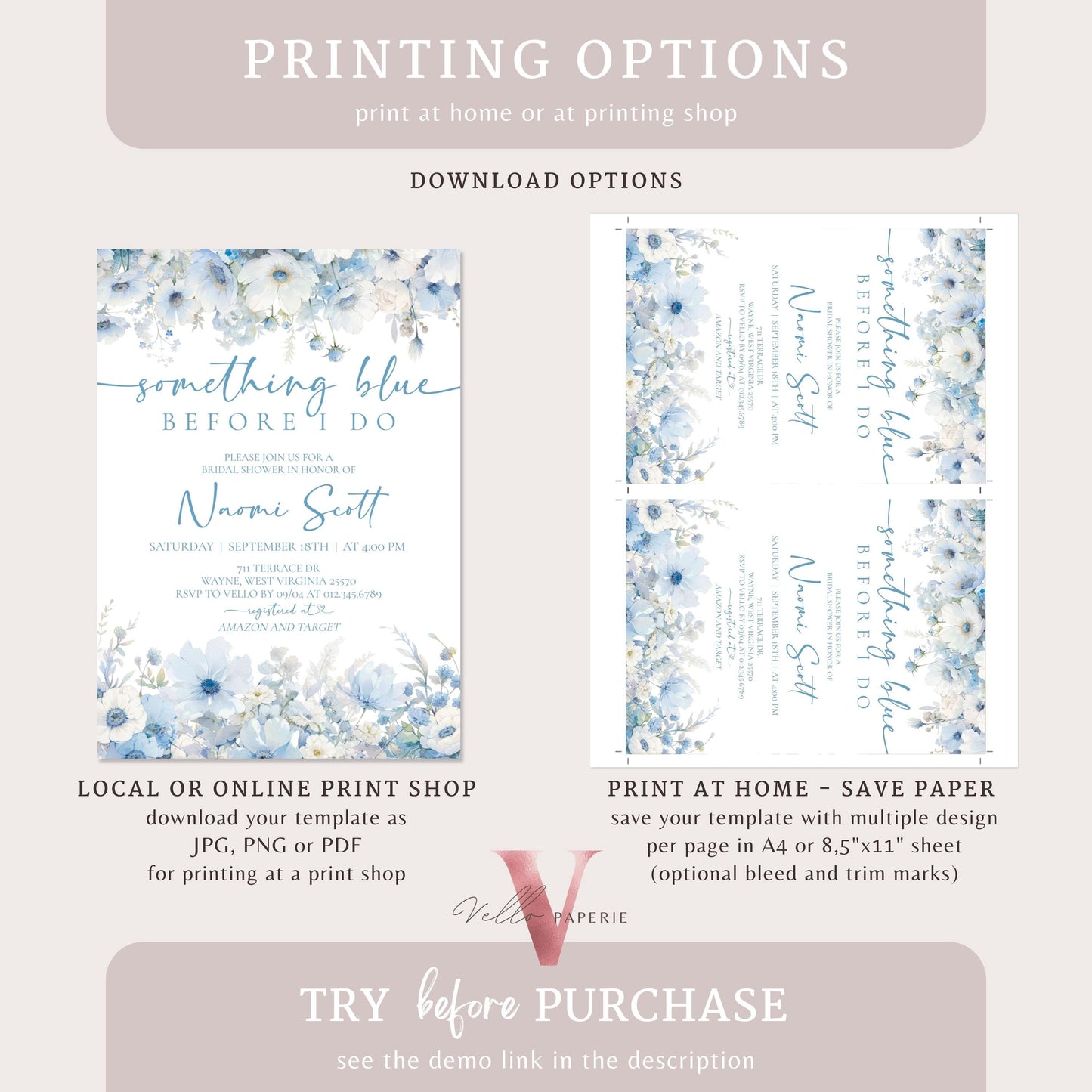 Something Blue before I DO Bridal Shower Party Invitation | Blue Wildflower Watercolor Invite | Blue Flower Bride to Be Instant Template