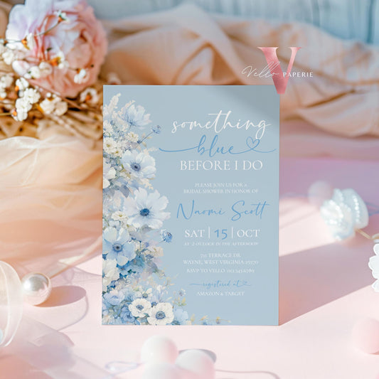 Something Blue before I DO Bridal Shower Party Invitation | Blue Flower Watercolor Invite | Modern Blue Botanical BridetoBe Instant Template