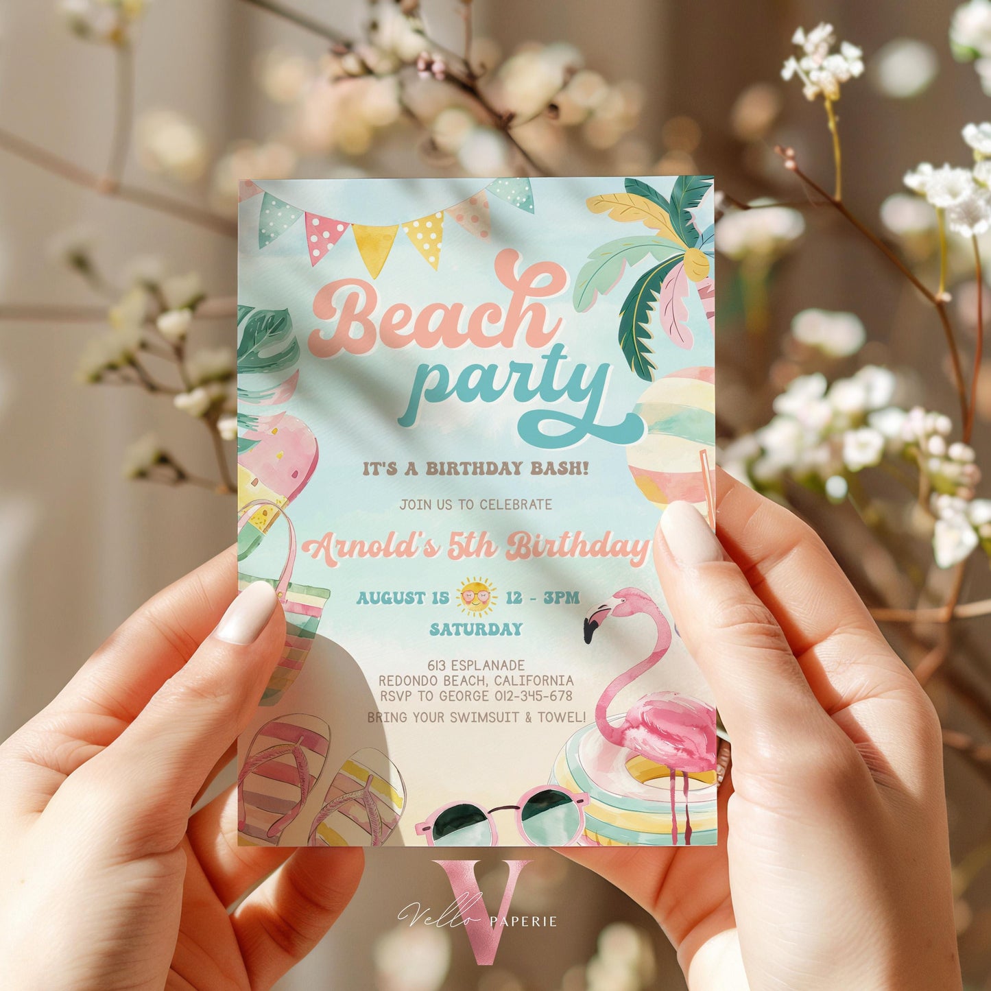 Editable Beach Birthday Party Invitation | Watercolor Summer Party Invite | Peach Turquoise Beach Party Invite Teen Birthday Bash Instant