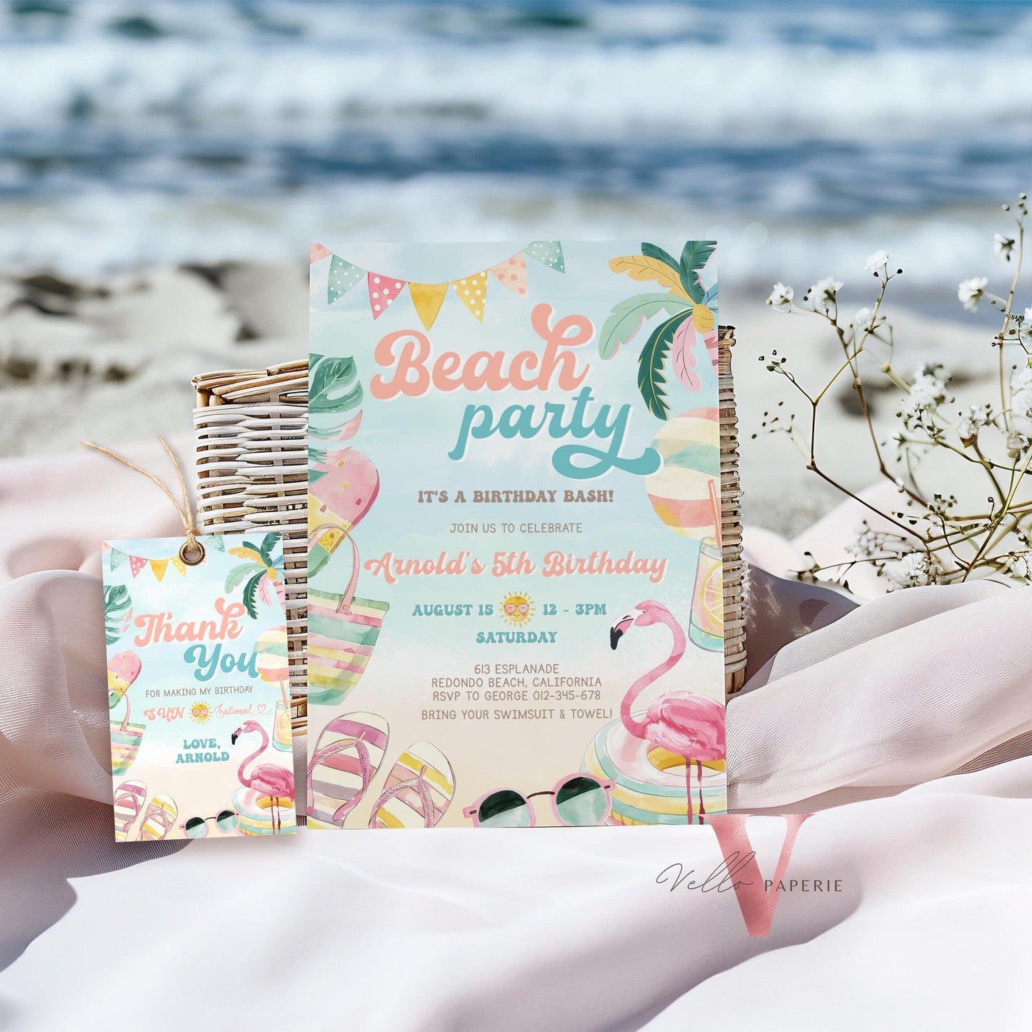 Editable Beach Birthday Party Invitation | Watercolor Summer Party Invite | Peach Turquoise Beach Party Invite Teen Birthday Bash Instant