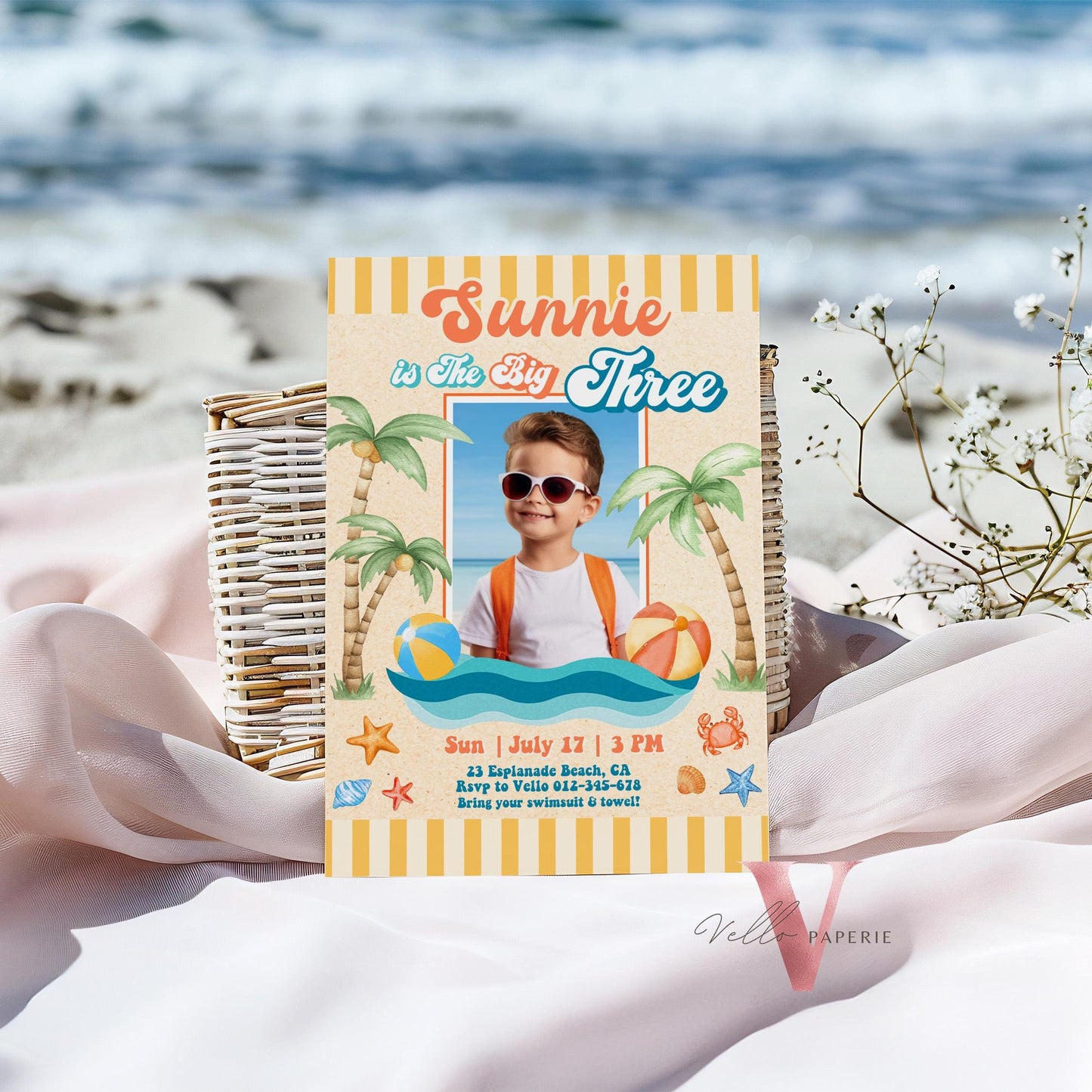 Photo Summer Boy ANY AGE Birthday Birthday Invitation | Edit Youself Malibu Beach Party Invite | Orange Blue Beach Party Instant Template