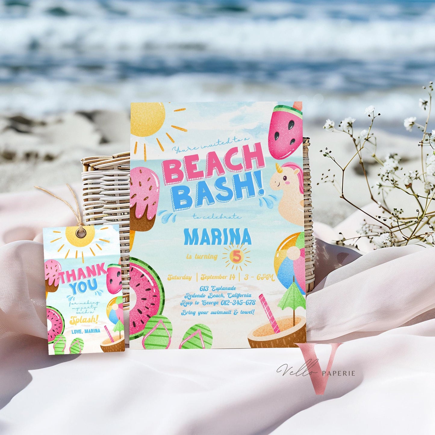 Fresh Beach Bash Birthday Party Invitation | Watercolor Summer Beach Party Invite | Vibrant Fun Beach Party Invite Teen Birthday Bash