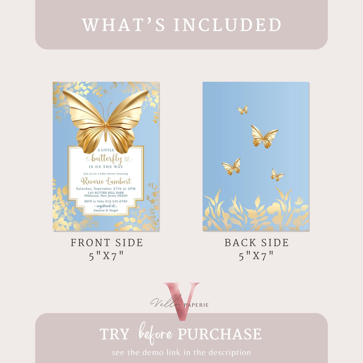 Blue Gold Butterfly Baby Shower Party Invitation | Little butterfly is on the way Baby Party Invite | Minimal Blue Gold Butterfly Template