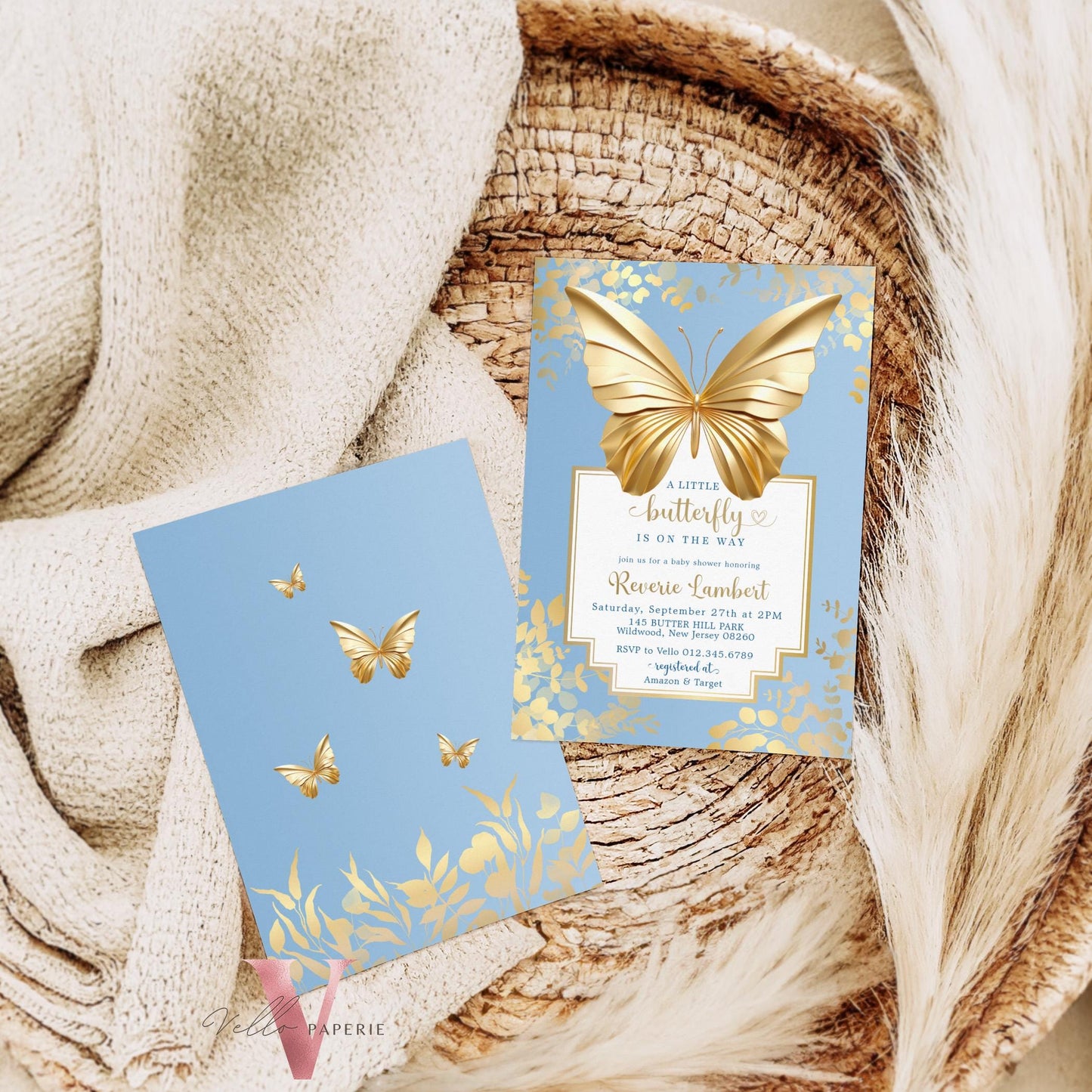 Blue Gold Butterfly Baby Shower Party Invitation | Little butterfly is on the way Baby Party Invite | Minimal Blue Gold Butterfly Template