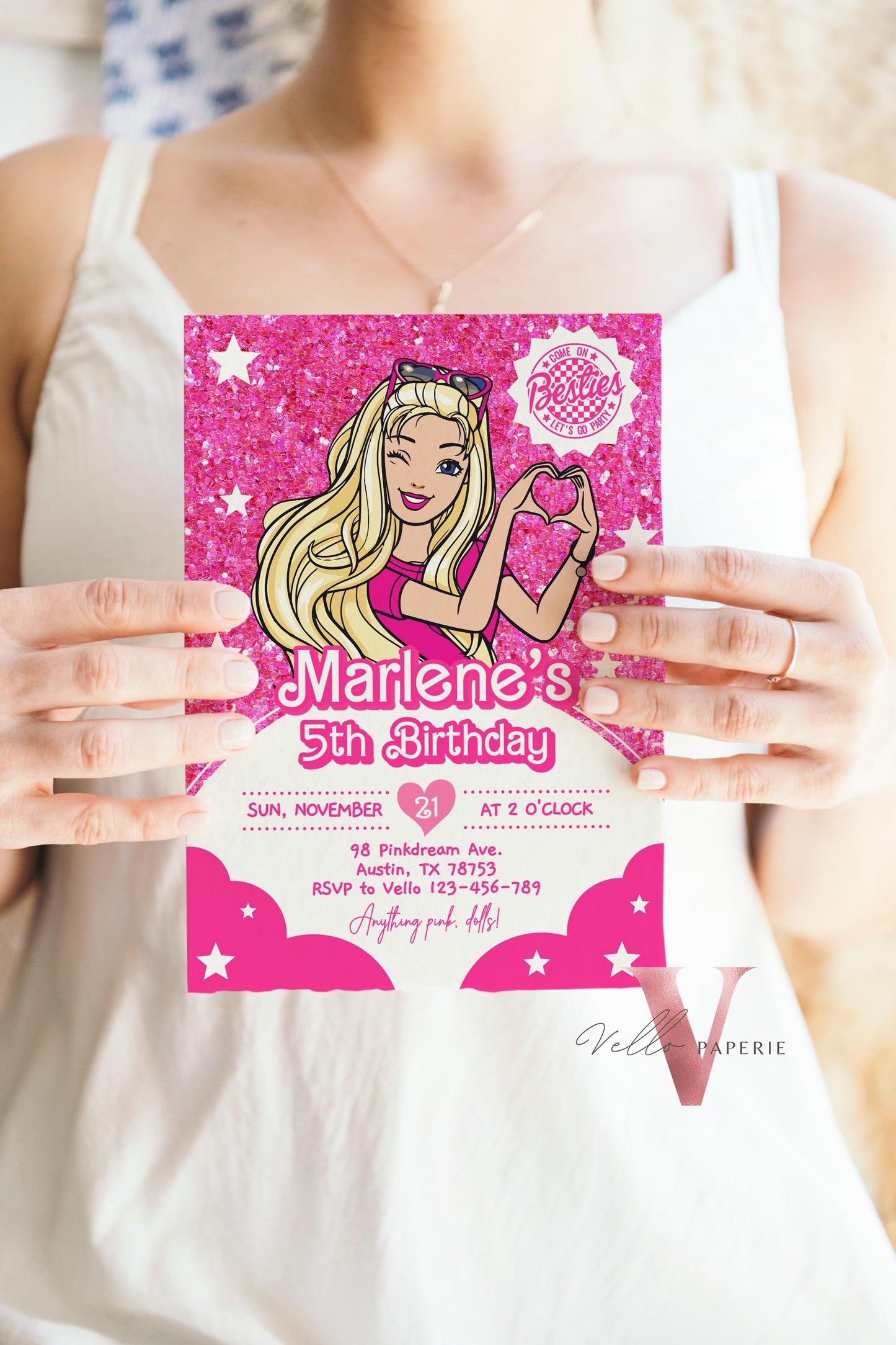 Editable Fashion Pink Doll Sparkle Cartoon Birthday Invitation | Pink Doll Glitter | Cute Pink Barbi Princess Party Invite Instant HPD02