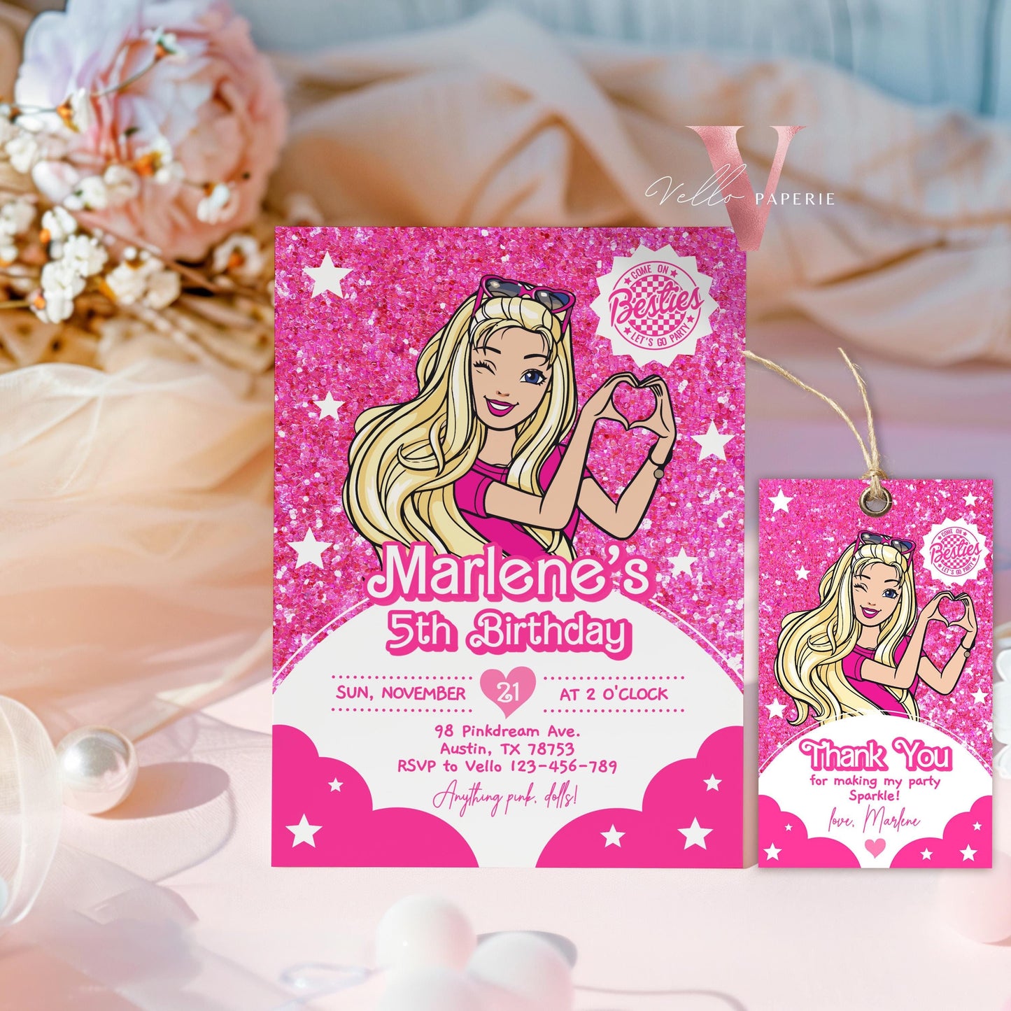 Editable Fashion Pink Doll Sparkle Cartoon Birthday Invitation | Pink Doll Glitter | Cute Pink Barbi Princess Party Invite Instant HPD02