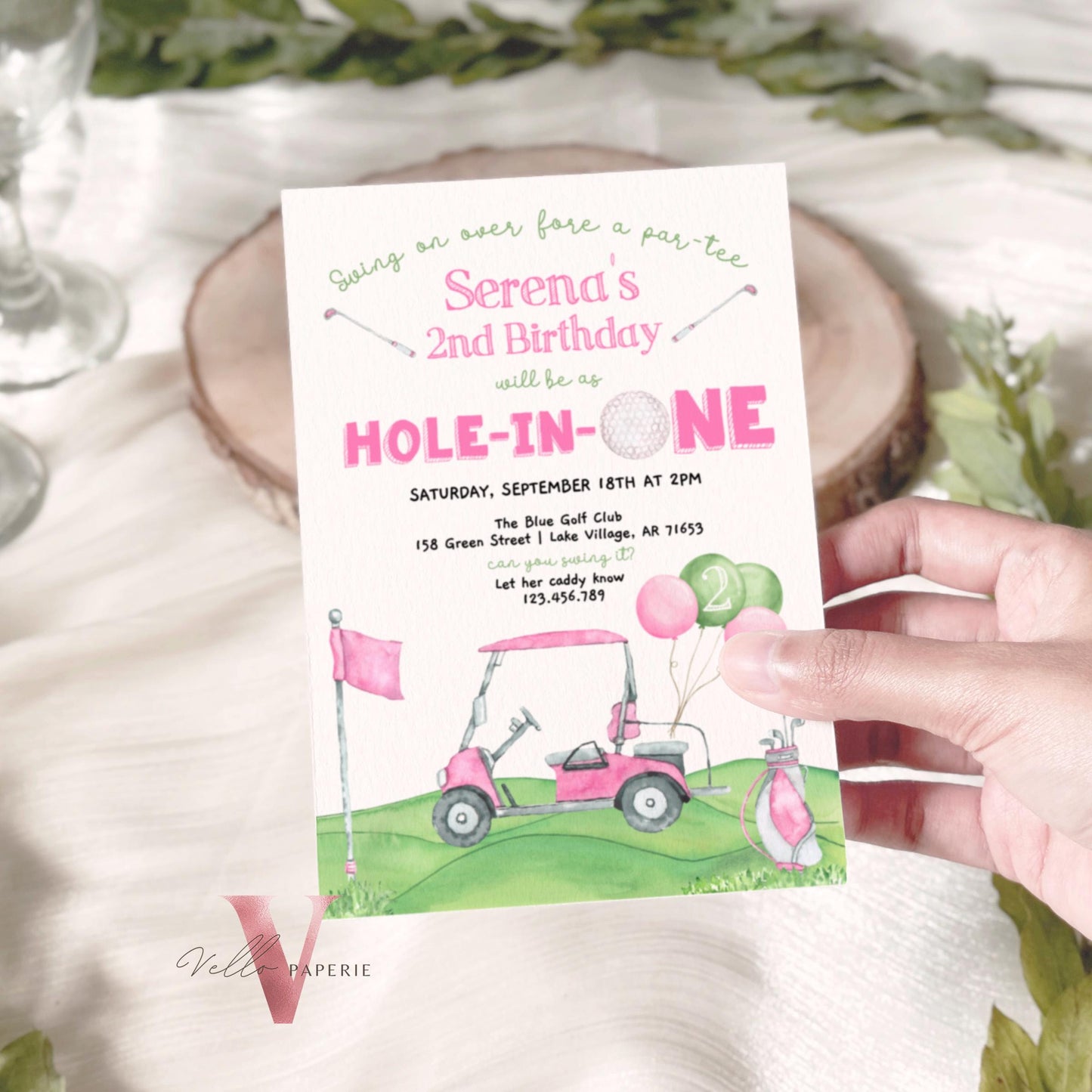 Editable Any AGE Hole In One Birthday Invitation | Golf Any Age Birthday Par-tee Invite | Girl Golfing Master Party Pink Green | Lets Partee