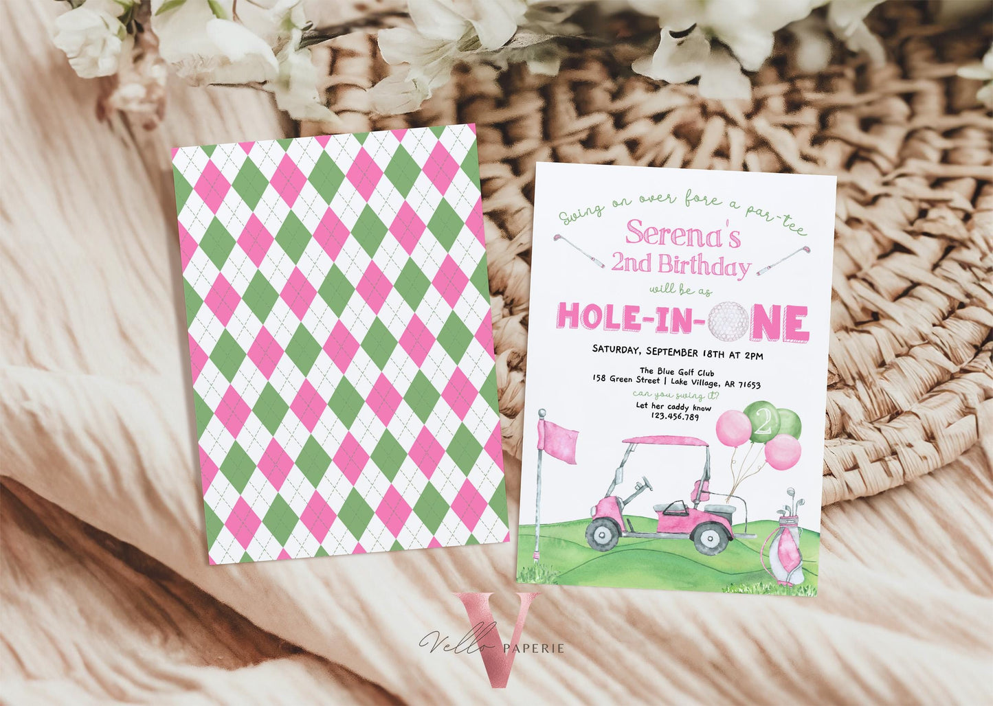 Editable Any AGE Hole In One Birthday Invitation | Golf Any Age Birthday Par-tee Invite | Girl Golfing Master Party Pink Green | Lets Partee