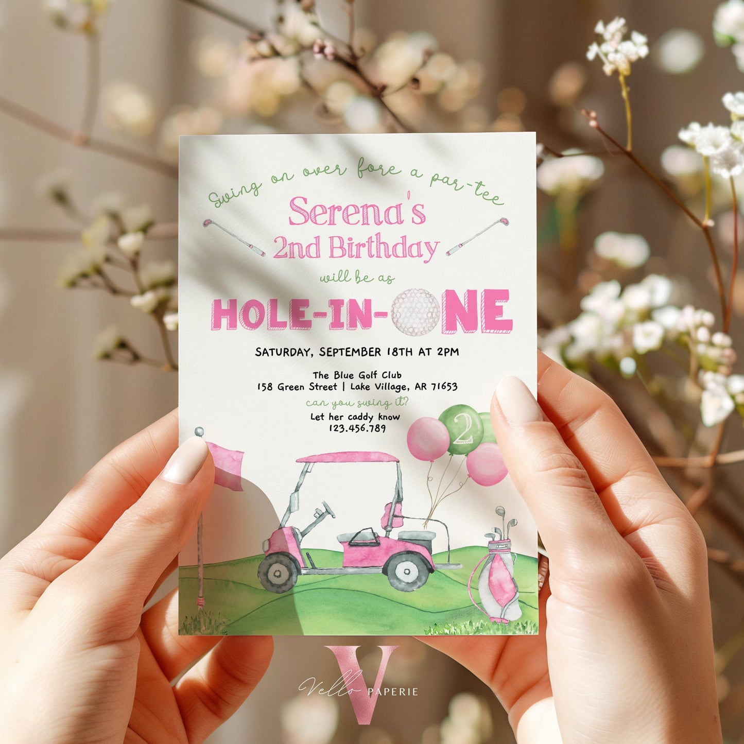 Editable Any AGE Hole In One Birthday Invitation | Golf Any Age Birthday Par-tee Invite | Girl Golfing Master Party Pink Green | Lets Partee