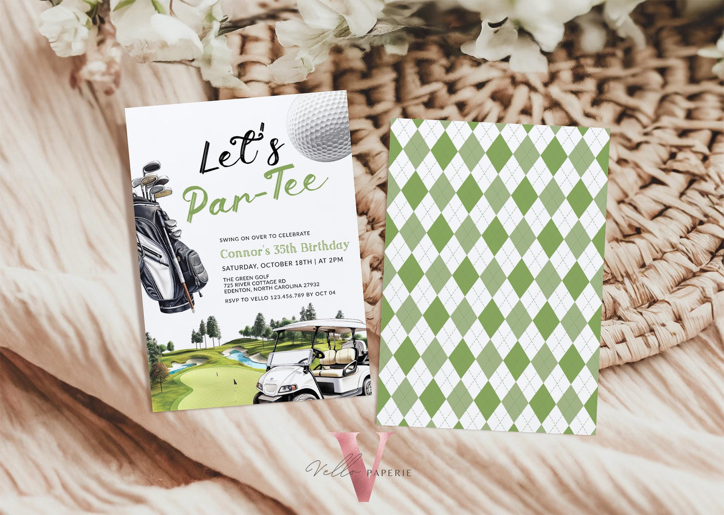 Editable Let's Par-tee Birthday Invitation | 2 OPT DESIGN Golf Any Age Birthday Par-tee Invite | Modern Golf Master Party Green Hole In One