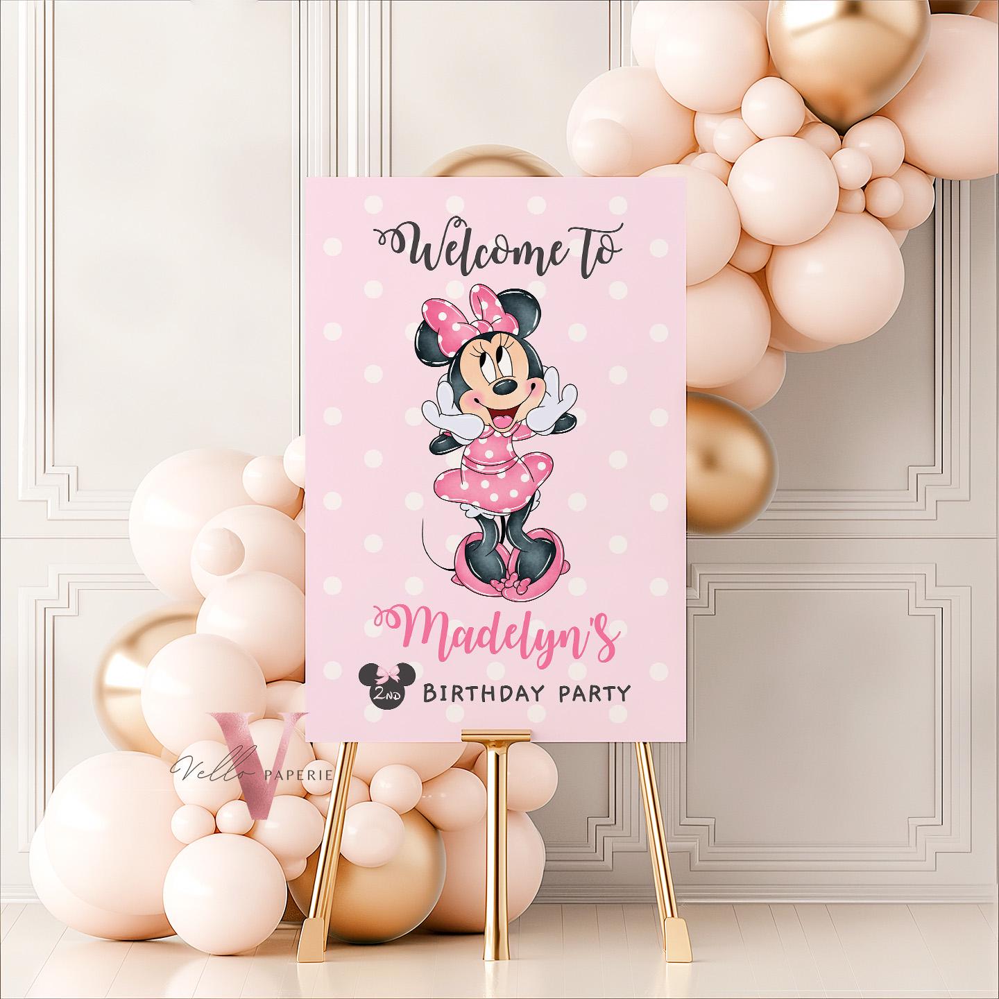 Editable Any Age Minnie Mouse Birthday Welcome Sign | Light Pink Polkadot Minnie Party Decor Sign | Kid Minnie Pink Birthday Sign  MMB01