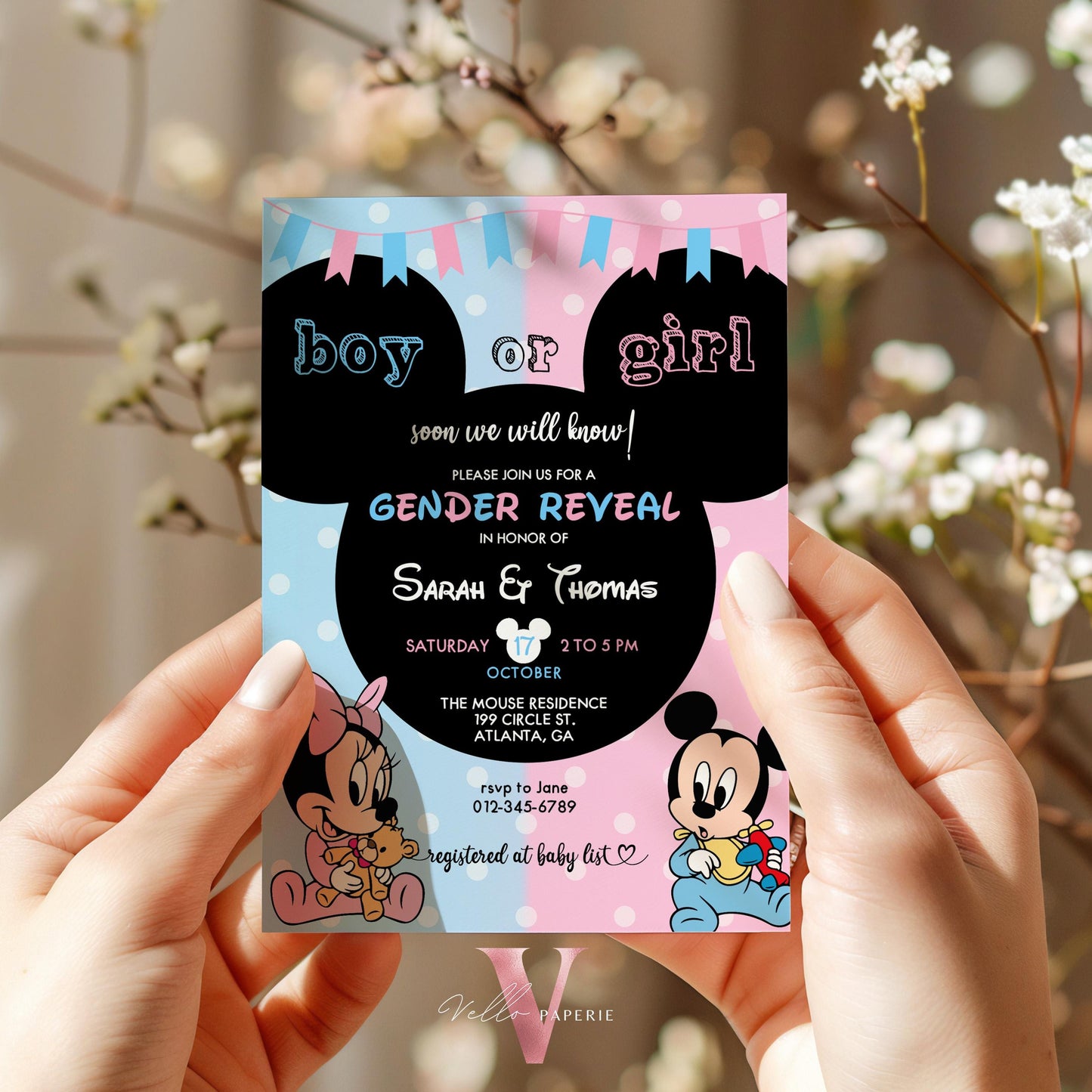 Minnie Mickey Mouse Baby Shower Invitation | Editable Printable Blue Pink Baby Shower Party Invite | Boy or Girl Gender Reveal Party MBS02