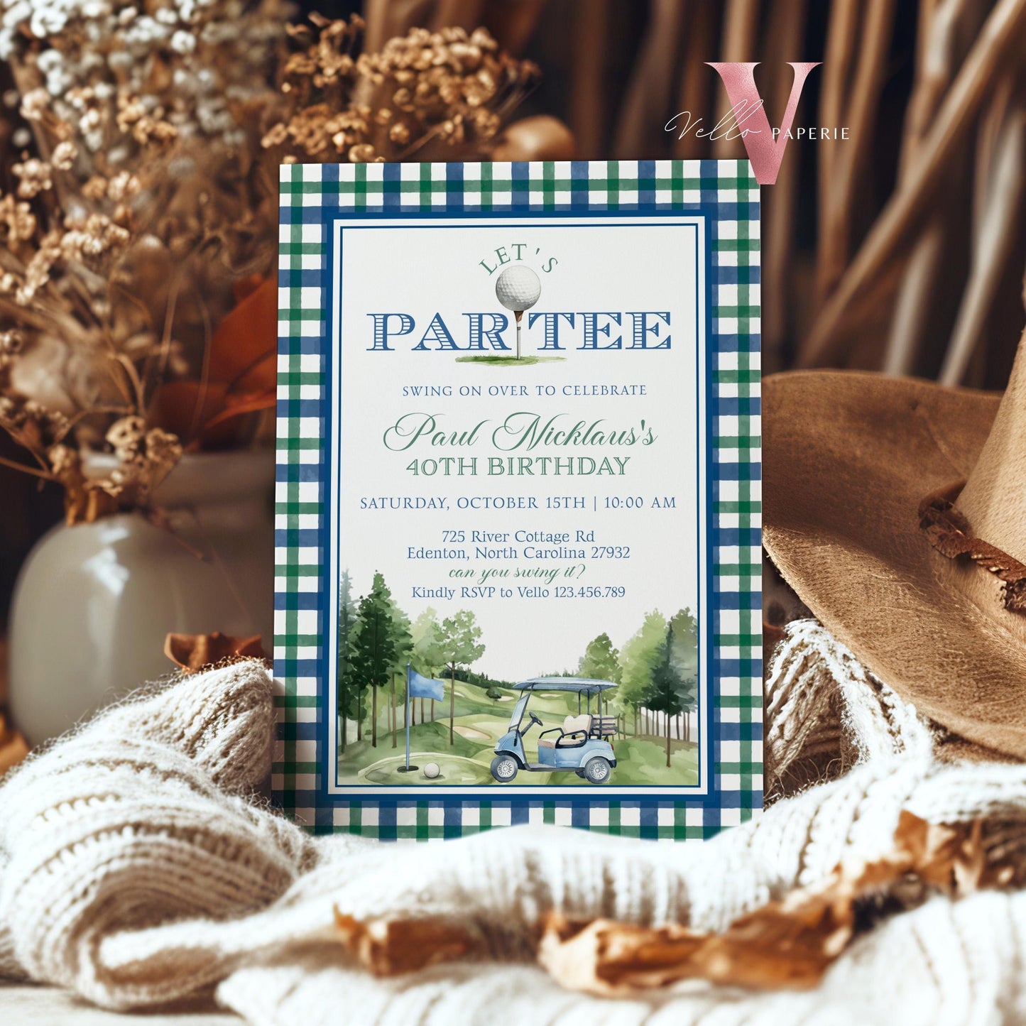 Editable Let's Par-tee Birthday Invitation | Blue and Green Golf   Watercolor Birthday Par-tee Invite | Modern Golf Master Party Hole In One