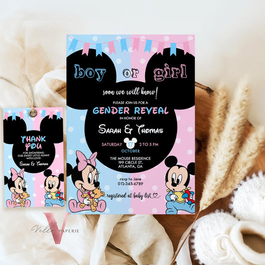 Minnie Mickey Mouse Baby Shower Invitation | Editable Printable Blue Pink Baby Shower Party Invite | Boy or Girl Gender Reveal Party MBS02