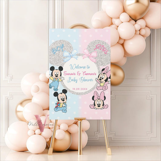 Minnie Mickey Mouse Baby Shower Welcome Sign | Editable Printable Blue Pink Baby Shower Party Decor | Boy or Girl Gender Reveal Sign MBS01