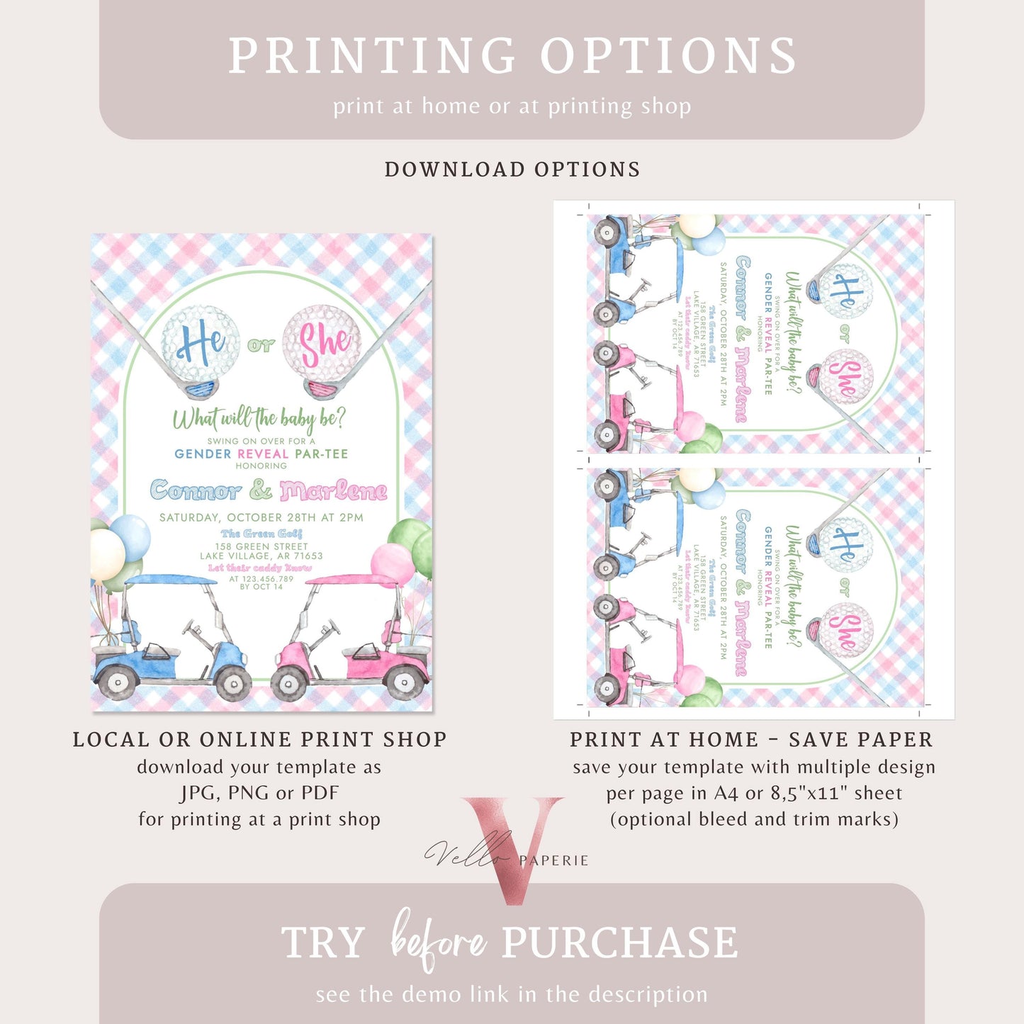 Blue Pink Gold Baby Shower Invitation | Editable Blue and Pink Golf Themed Par-tee For Baby | Boy or Girl Gender Reveal Golf Party Invite