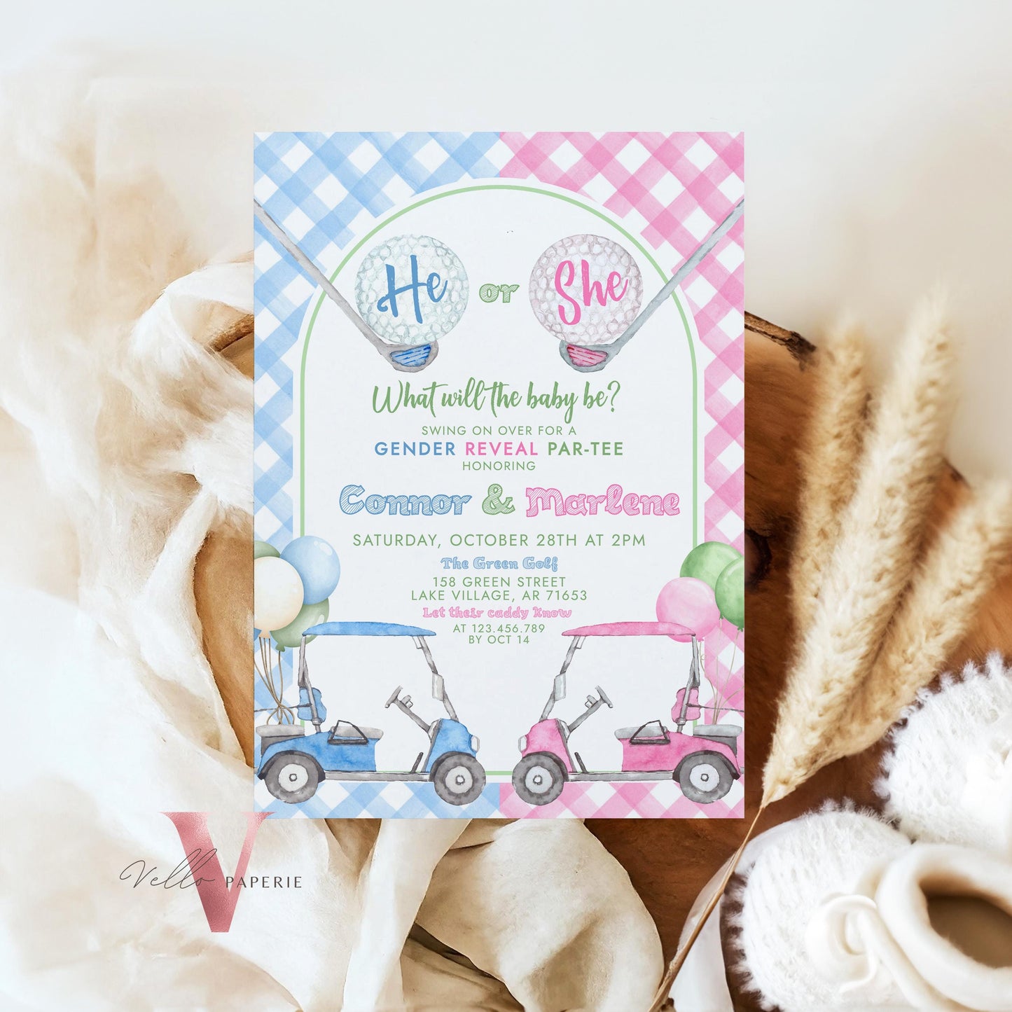 Blue Pink Gold Baby Shower Invitation | Editable Blue and Pink Golf Themed Par-tee For Baby | Boy or Girl Gender Reveal Golf Party Invite