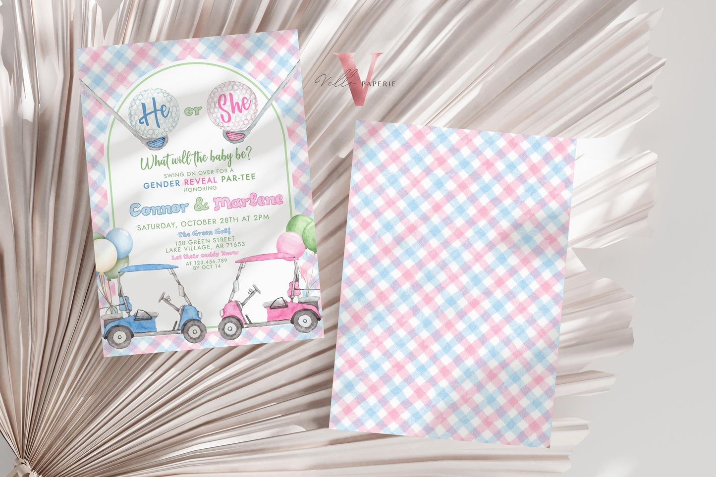 Blue Pink Gold Baby Shower Invitation | Editable Blue and Pink Golf Themed Par-tee For Baby | Boy or Girl Gender Reveal Golf Party Invite