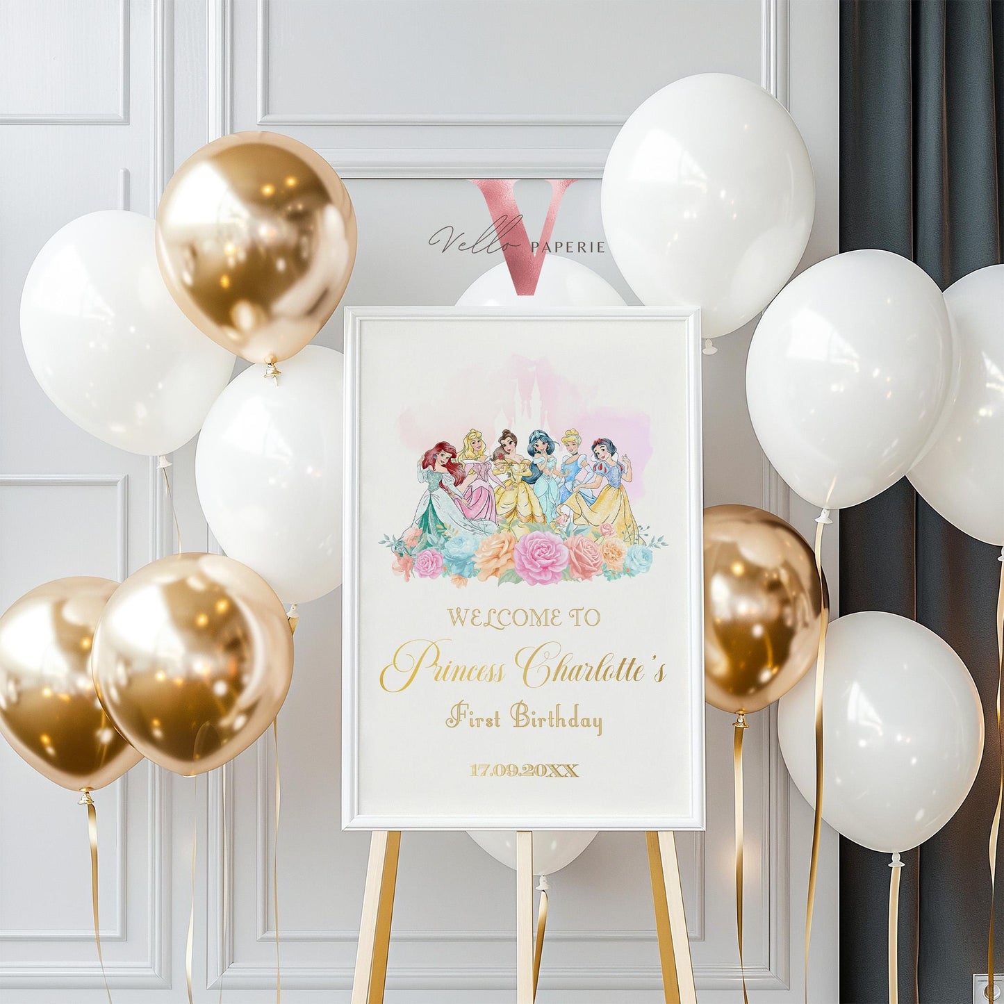 Editable Printable Princess Birthday Welcome Sign | Once Upon a Time Birthday Party Decor Sign | Beige Gold Princess Watercolor Sign PB01