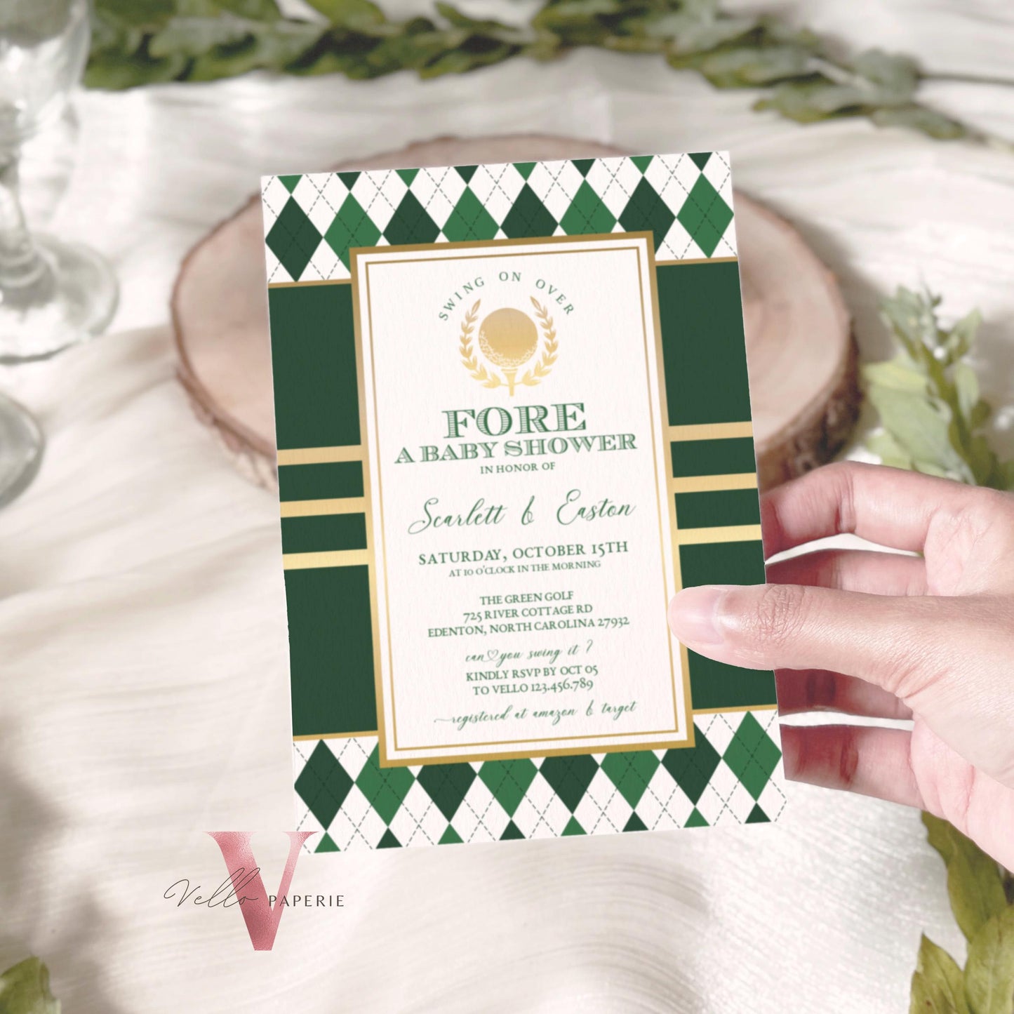 White Green Gold GOLF Baby Shower Invitation | Emerald Green Golf Themed Par-tee For Baby | Boy or Girl Gender Reveal Golf Party Invite