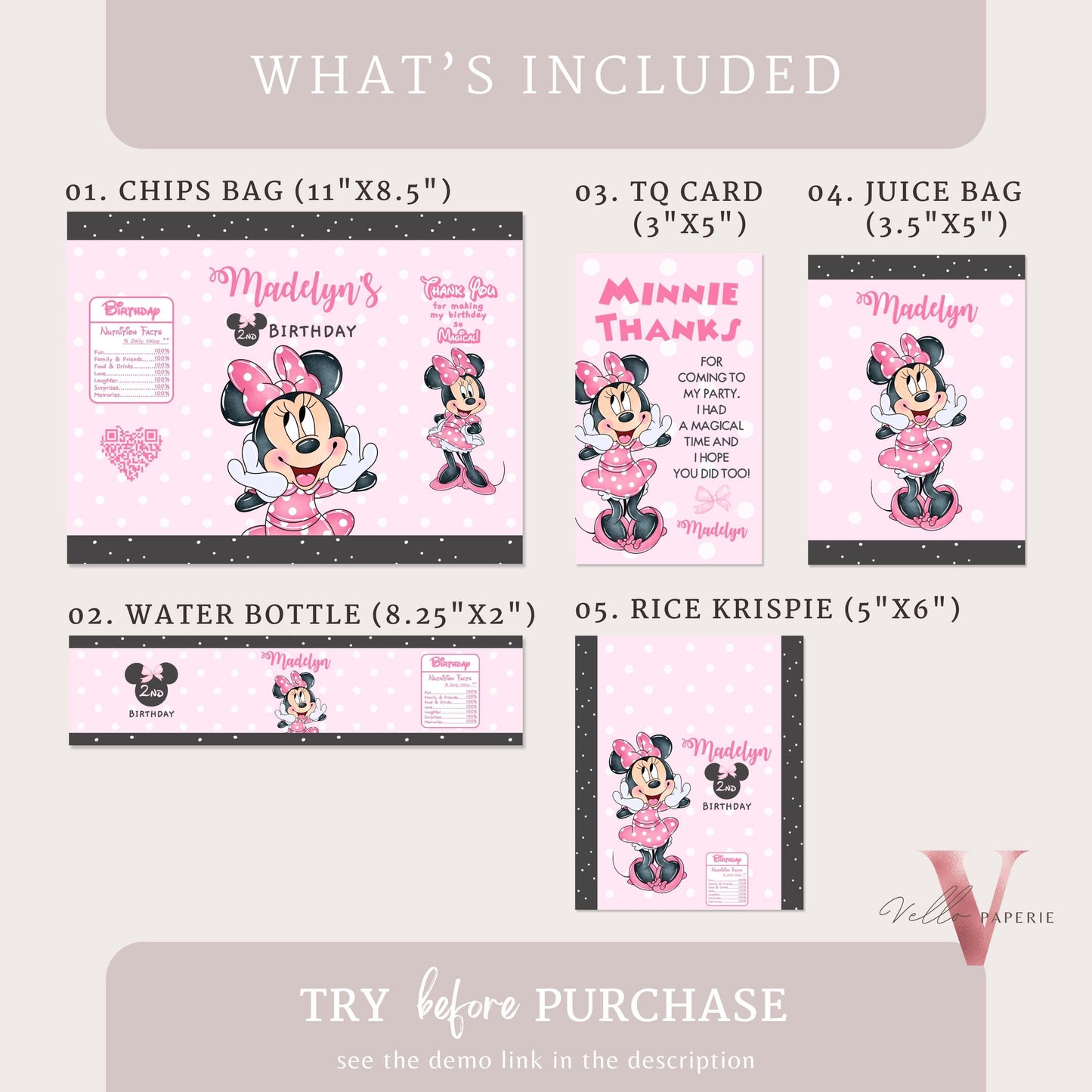 Minnie Mouse Birthday BUNDLE | Minnie Party Invitation, Welcome Sign, Party Favors, Chip Bag, Bottle Label, Caprisun, Rice Krispie Tag MMB01