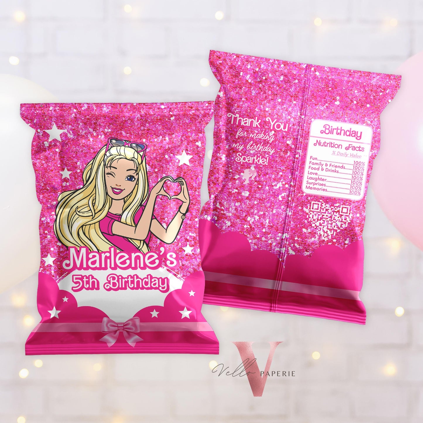 Fashion Pink Doll Birthday BUNDLE | Sparkle Hot Pink Party Invite, Welcome Sign, Chips Bag Bottle Label Caprisun Rice Krispie Thankyou Tag