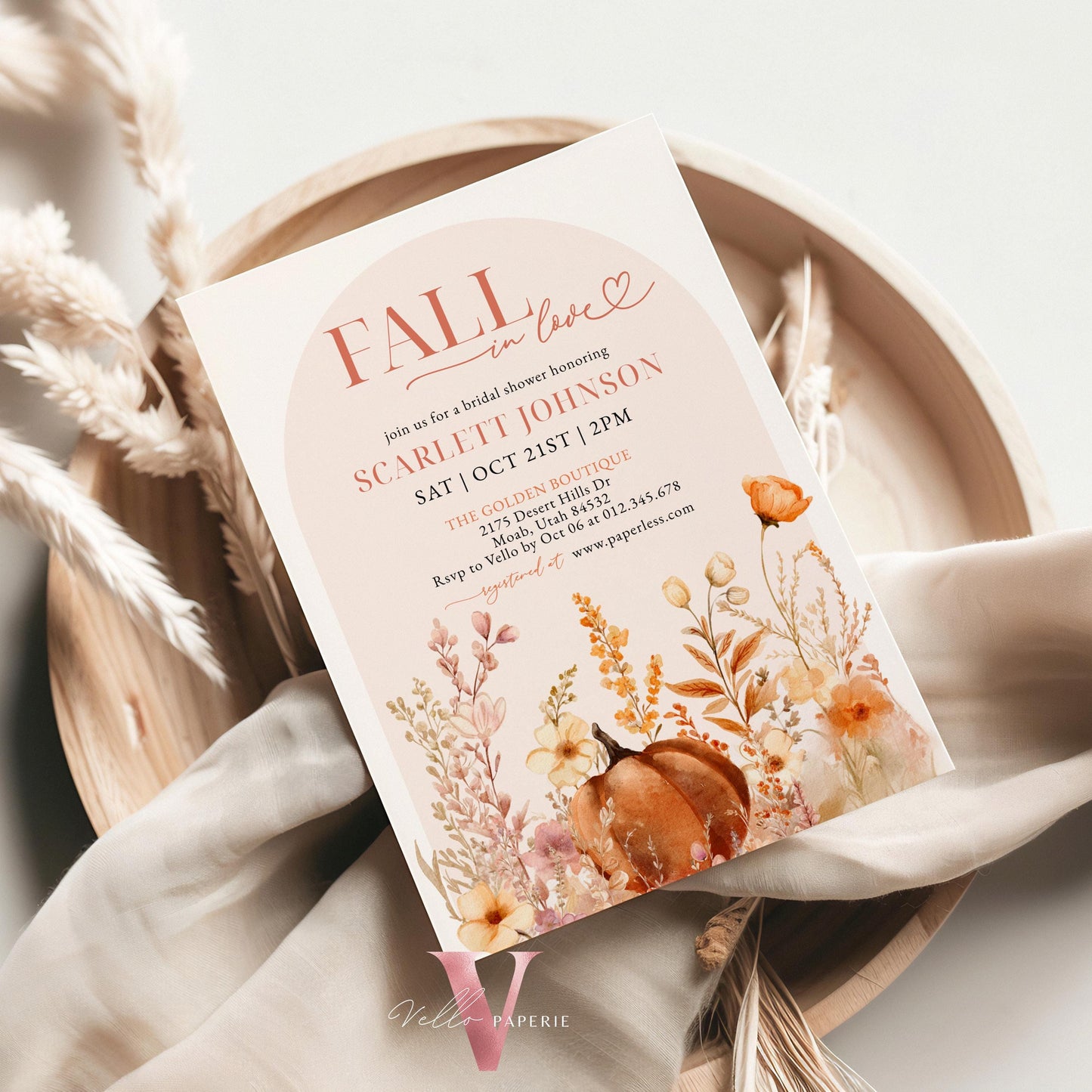 Pumpkin Fall In Love Bridal Shower Invitation | Editable Autumn Flower Bride Shower Invite | Modern Terracota Rustic Flower Wedding Shower