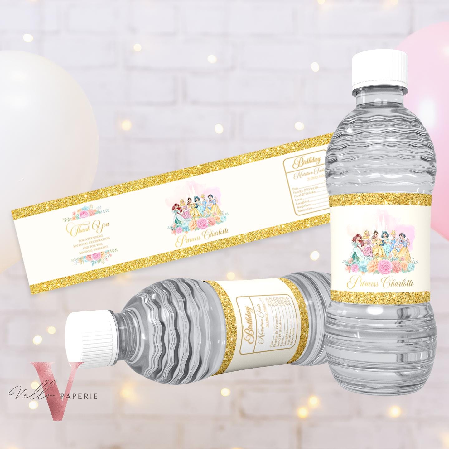 Princess Birthday Party BUNDLE | Beige Gold Princess Invitation, Welcome Sign, Chip Bag Water Bottle Label Caprisun Rice Krispi TQ Tag PB01