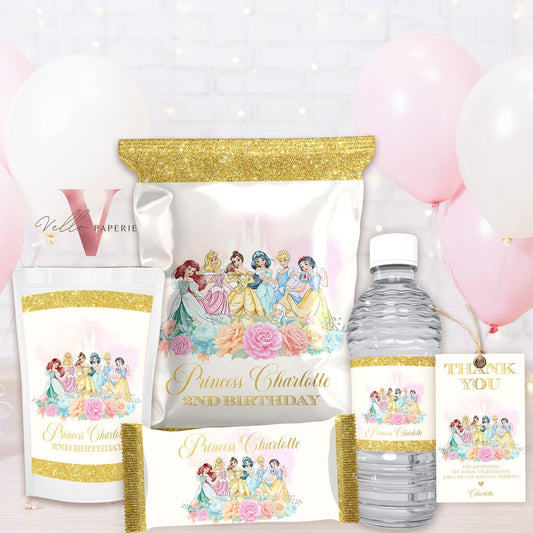 Editable Princess Birthday Party Favors Decor | Beige Gold Princess Party Chip Bag, Water Bottle Label, Caprisun, Rice Krispi, TQ Tag PB01