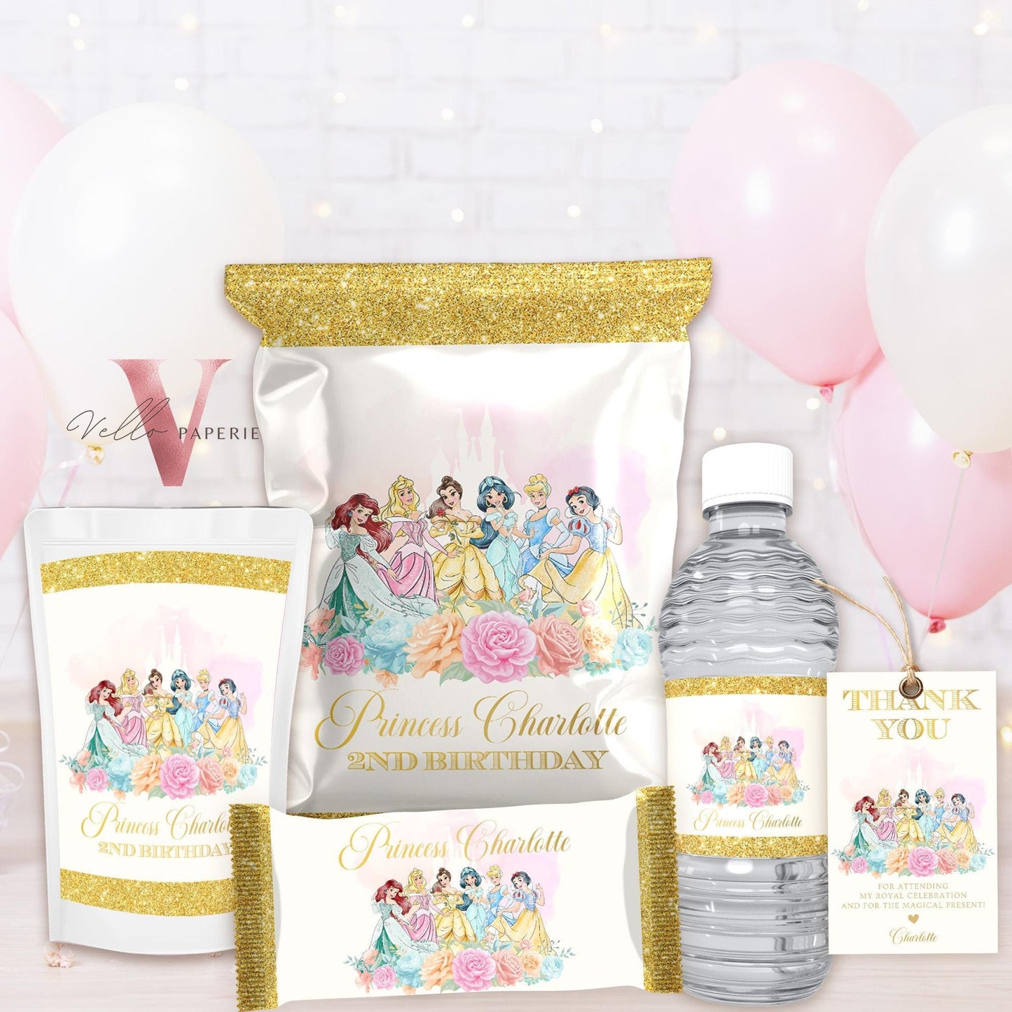 Princess Birthday Party BUNDLE | Beige Gold Princess Invitation, Welcome Sign, Chip Bag Water Bottle Label Caprisun Rice Krispi TQ Tag PB01