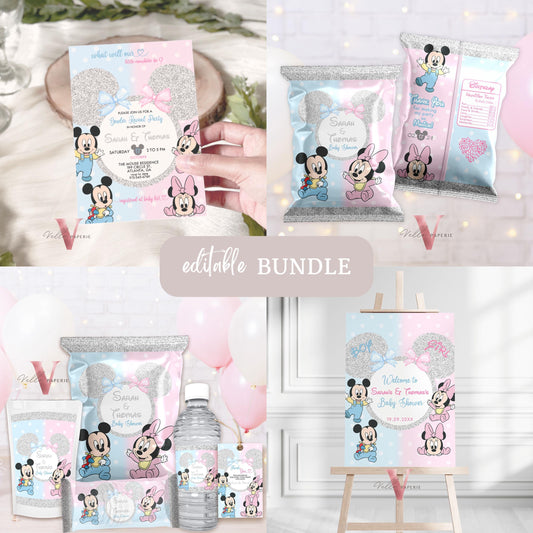 Minnie Mickey BABY Shower BUNDLE | Gender Reveal Mouse Party Invite, Sign, Chips Bag Water Bottle Label Caprisun Rice Krispie TQ Tag  MBS01