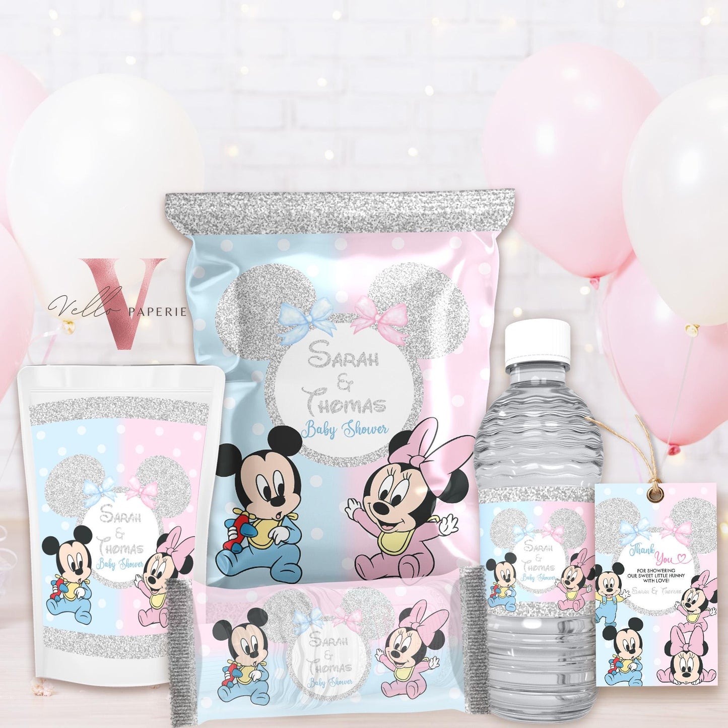 Minnie Mickey BABY Shower BUNDLE | Gender Reveal Mouse Party Invite, Sign, Chips Bag Water Bottle Label Caprisun Rice Krispie TQ Tag  MBS01