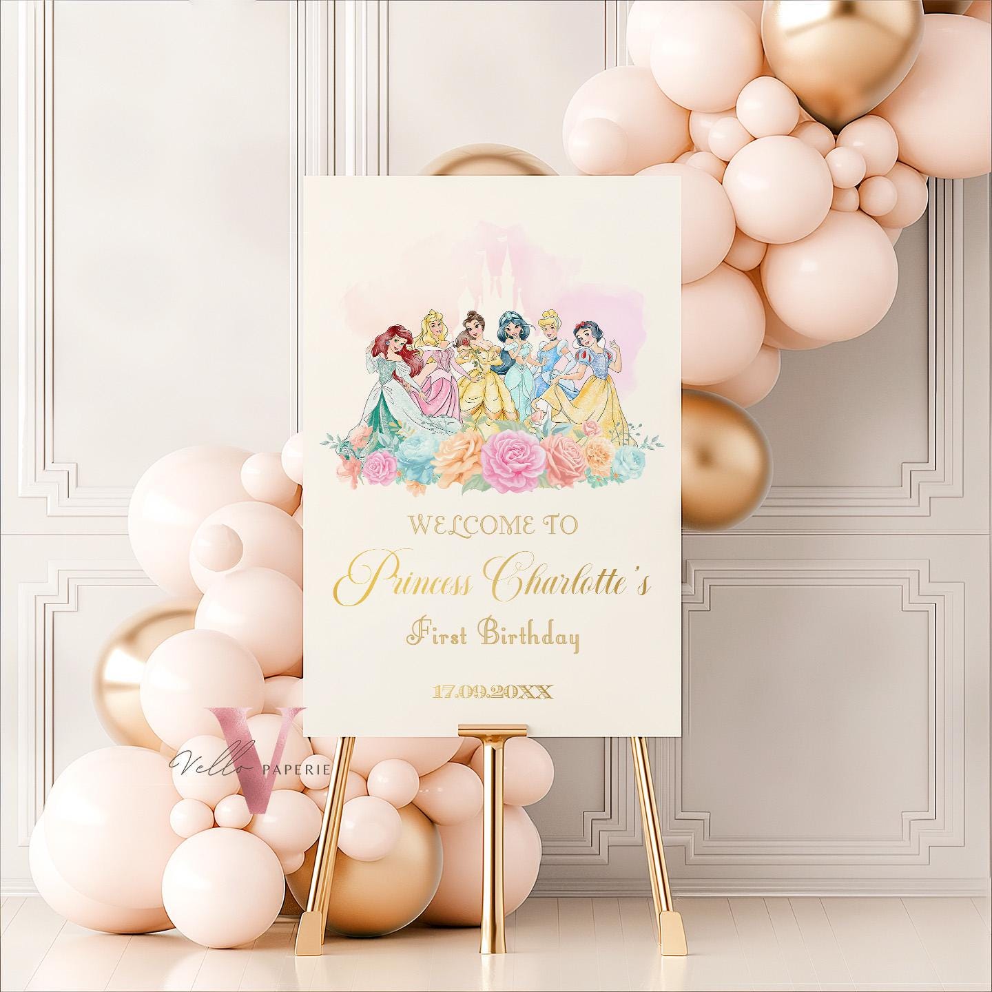 Princess Birthday Party BUNDLE | Beige Gold Princess Invitation, Welcome Sign, Chip Bag Water Bottle Label Caprisun Rice Krispi TQ Tag PB01