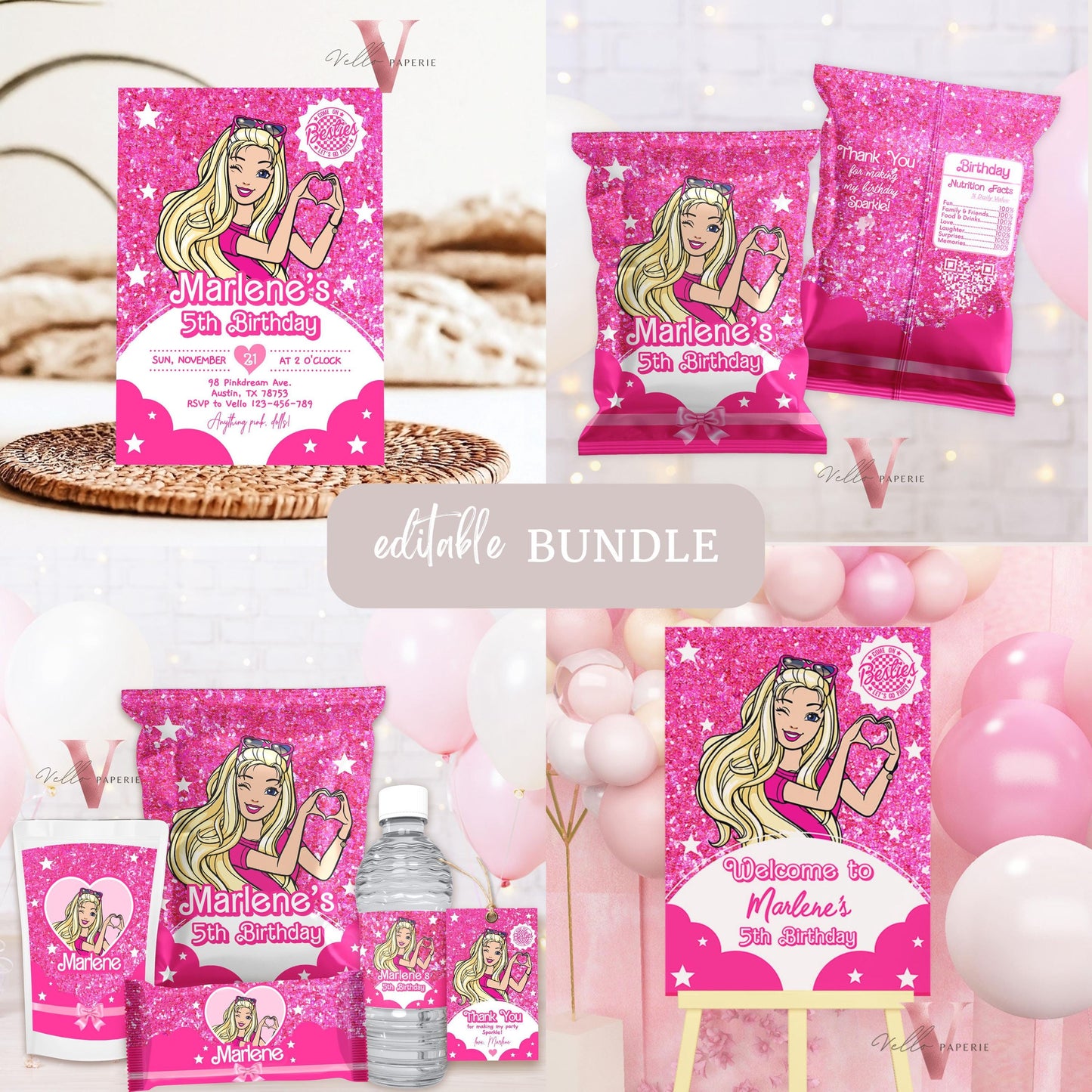 Fashion Pink Doll Birthday BUNDLE | Sparkle Hot Pink Party Invite, Welcome Sign, Chips Bag Bottle Label Caprisun Rice Krispie Thankyou Tag