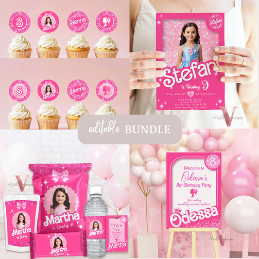 PHOTO Pink Doll Birthday BUNDLE | Sparkle Hot Pink Party Invite, Welcome Sign, Chips Bag Bottle Label Caprisun Rice Krispie TQ Cupcake HPD01