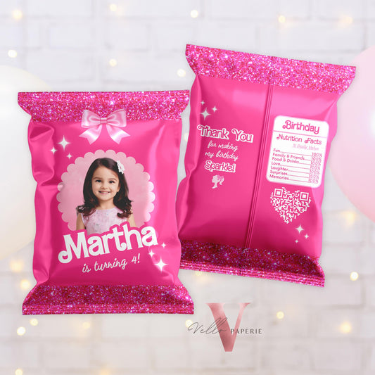 Selfie Photo Pink Doll Birthday Chips Bag | Sparkle Hot Pink Party Cheetos | Glitter Hot Pink Snack Bag with photo  HPD01