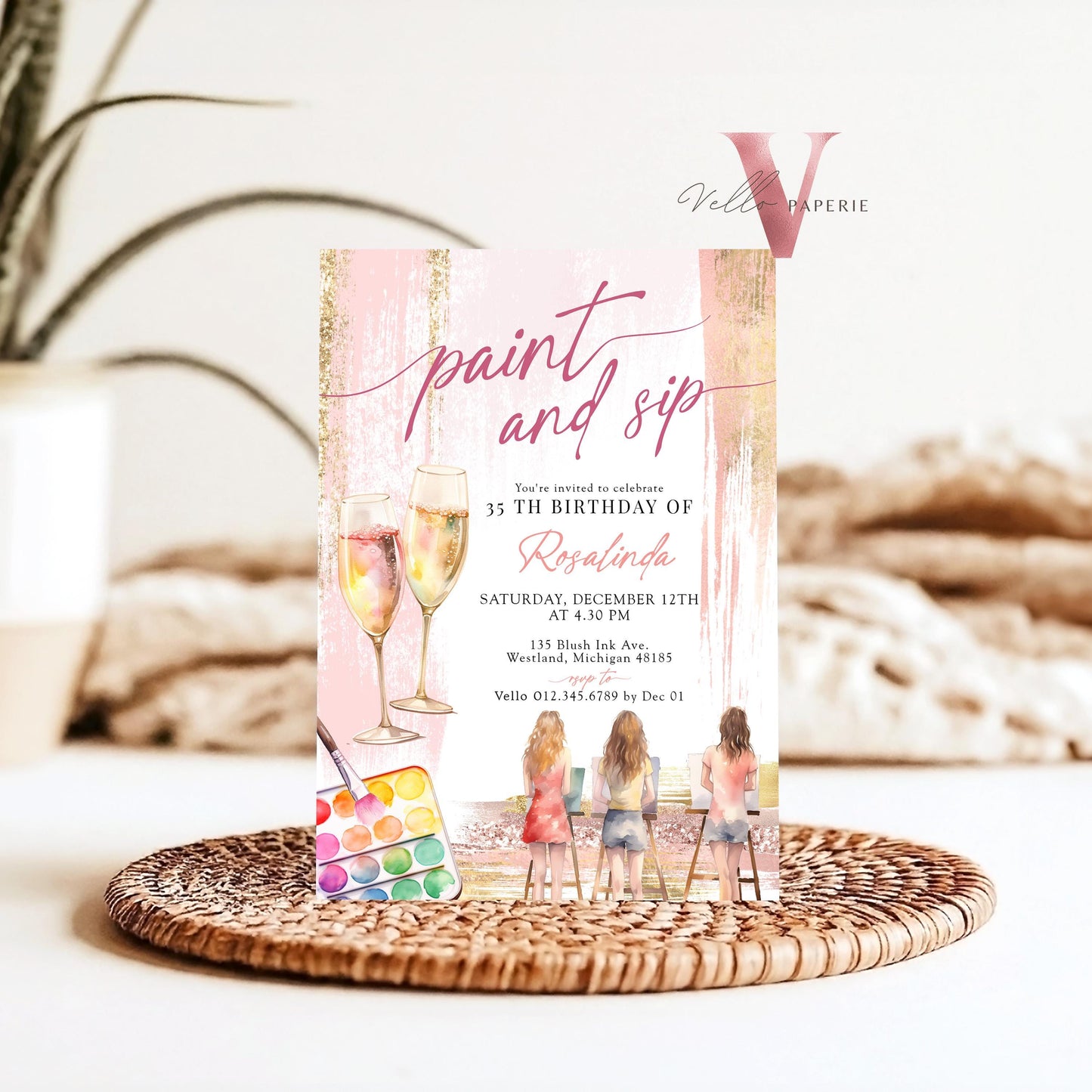 Blush Rose Gold Paint and Sip Party Invitation | Editable Adult Champagne Art Party | Wine Birthday Wine Invitation | Creative Drink Party