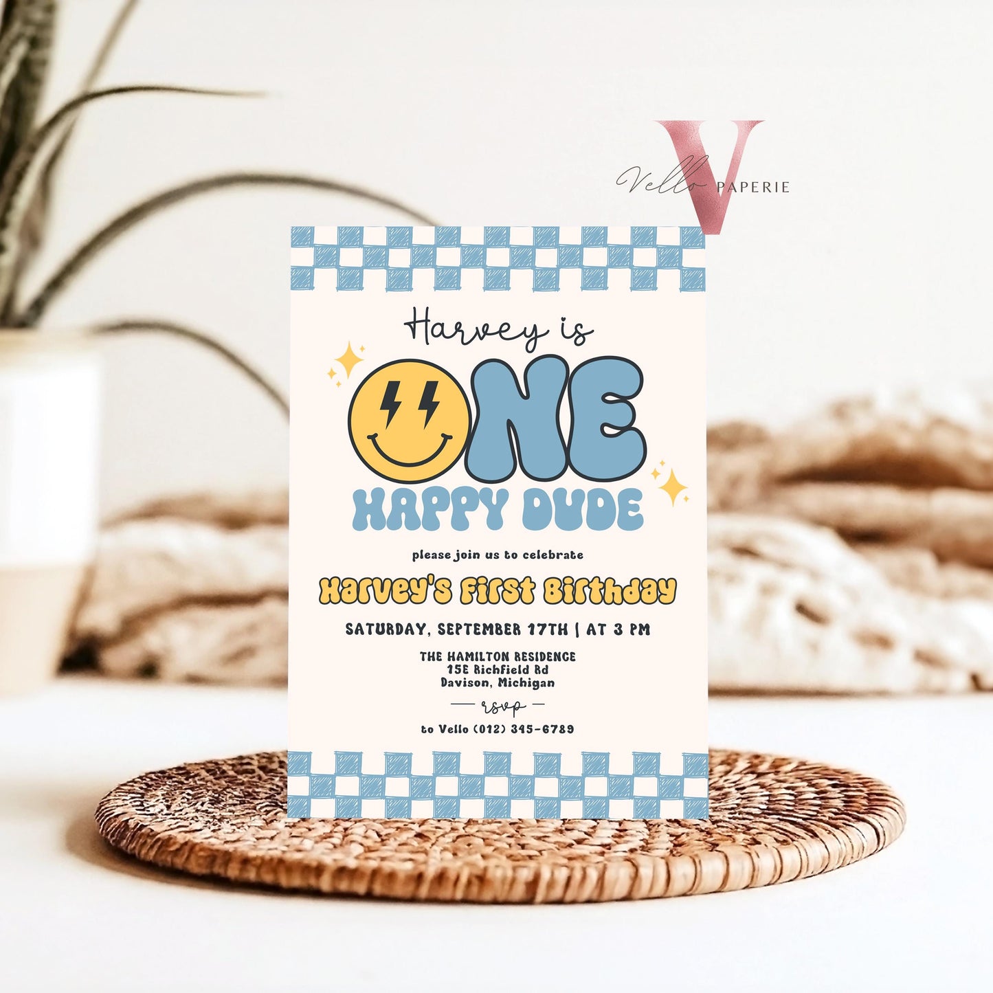 Blue Smile One Happy Dude Birthday Invitation | Editable Retro One Happy Dude First Birthday Party Invite | Emoji Face | Lighting Bolt Smile