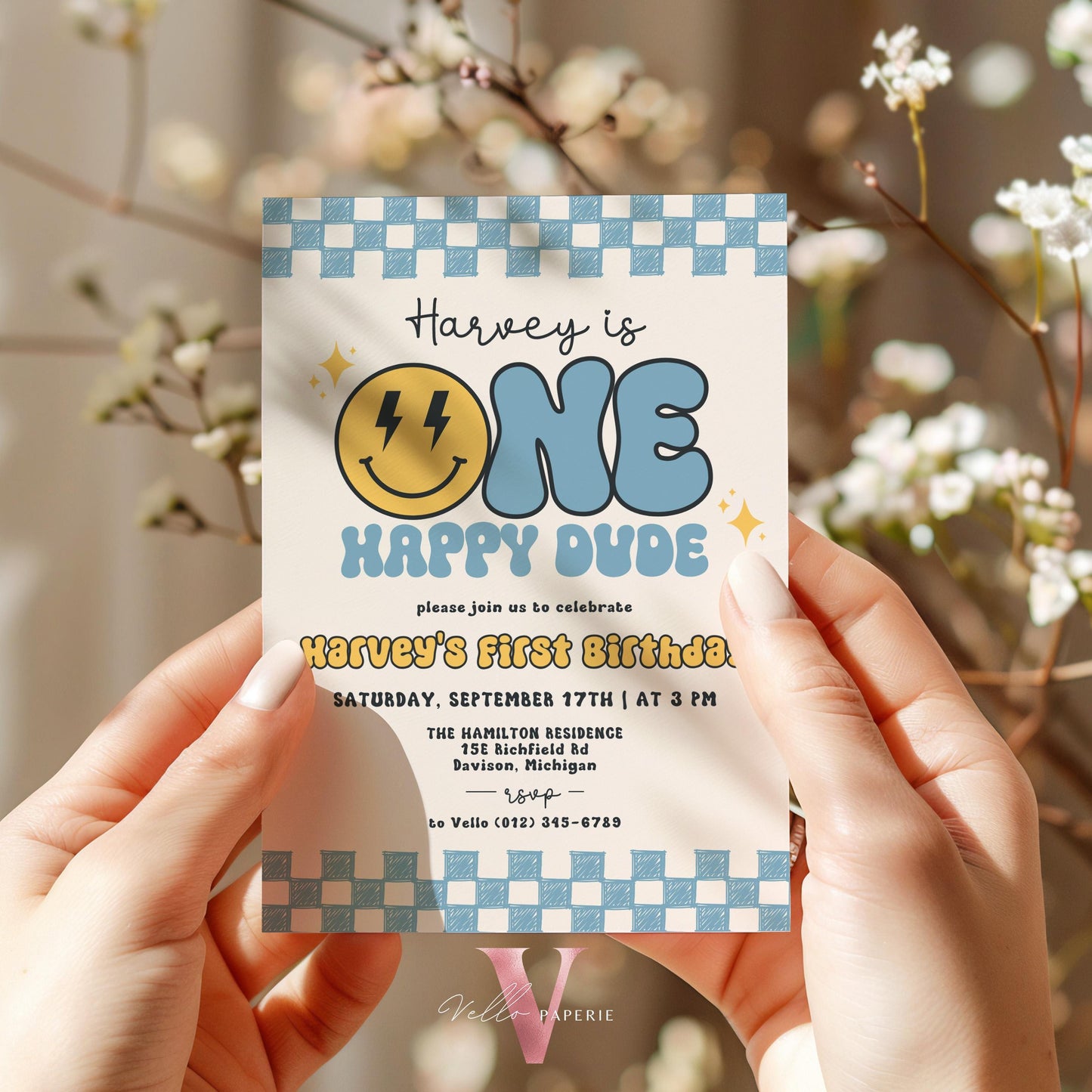 Blue Smile One Happy Dude Birthday Invitation | Editable Retro One Happy Dude First Birthday Party Invite | Emoji Face | Lighting Bolt Smile