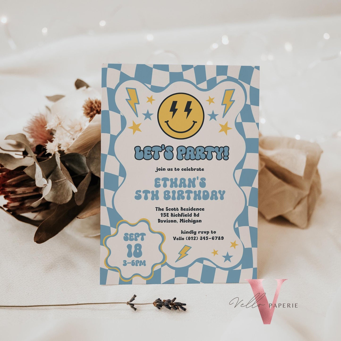 Blue Smile Face Groovy Birthday Invitation | Editable Retro Happy Dude Any Age Birthday Party Invite | Emoji Face Lighting Bolt Smile Unisex