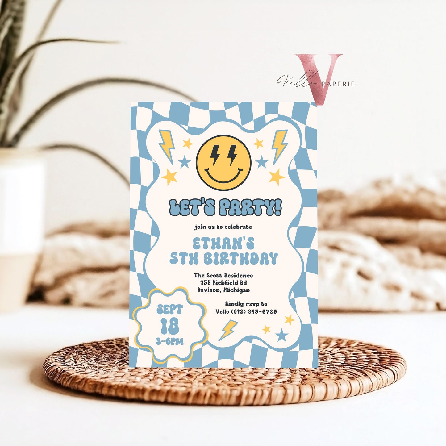 Blue Smile Face Groovy Birthday Invitation | Editable Retro Happy Dude Any Age Birthday Party Invite | Emoji Face Lighting Bolt Smile Unisex