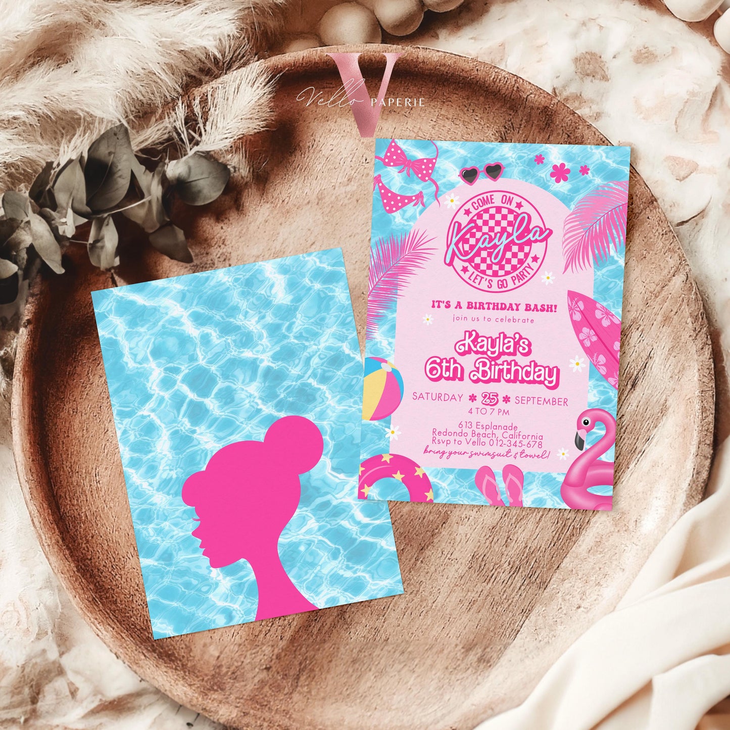 Pink Doll Pool Birthday Invitation | Editable Printable Malibu Pool Party Invite | Pink Blue Malibu Come On Lets Go Party Instant PDP01