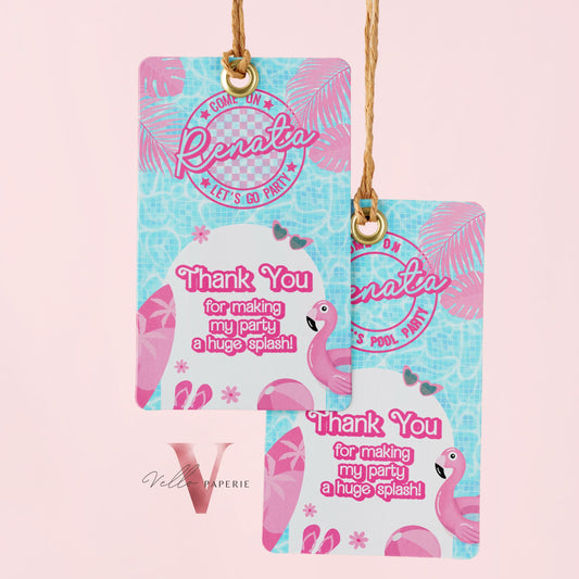 Pink Blue Pool Birthday Thankyou Card | Editable Printable Malibu Pool Party Favor Tag | Pink Blue Doll Come On Lets Go Party Gift Tag