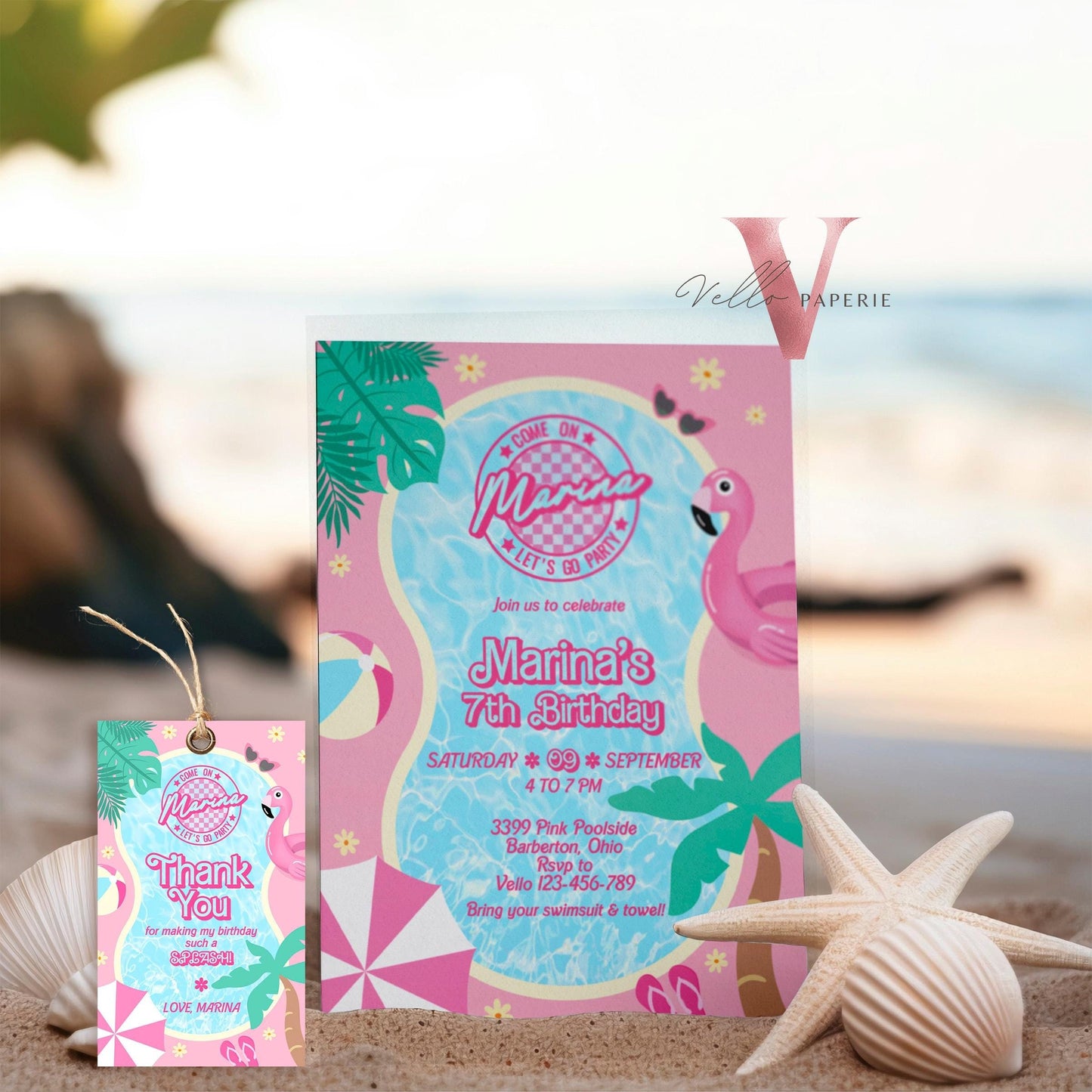 Pink Doll Pool Birthday Invitation | Editable Yourseld Malibu Pool Party Invite | Pink Blue Malibu Come On Lets Go Party Instant Template