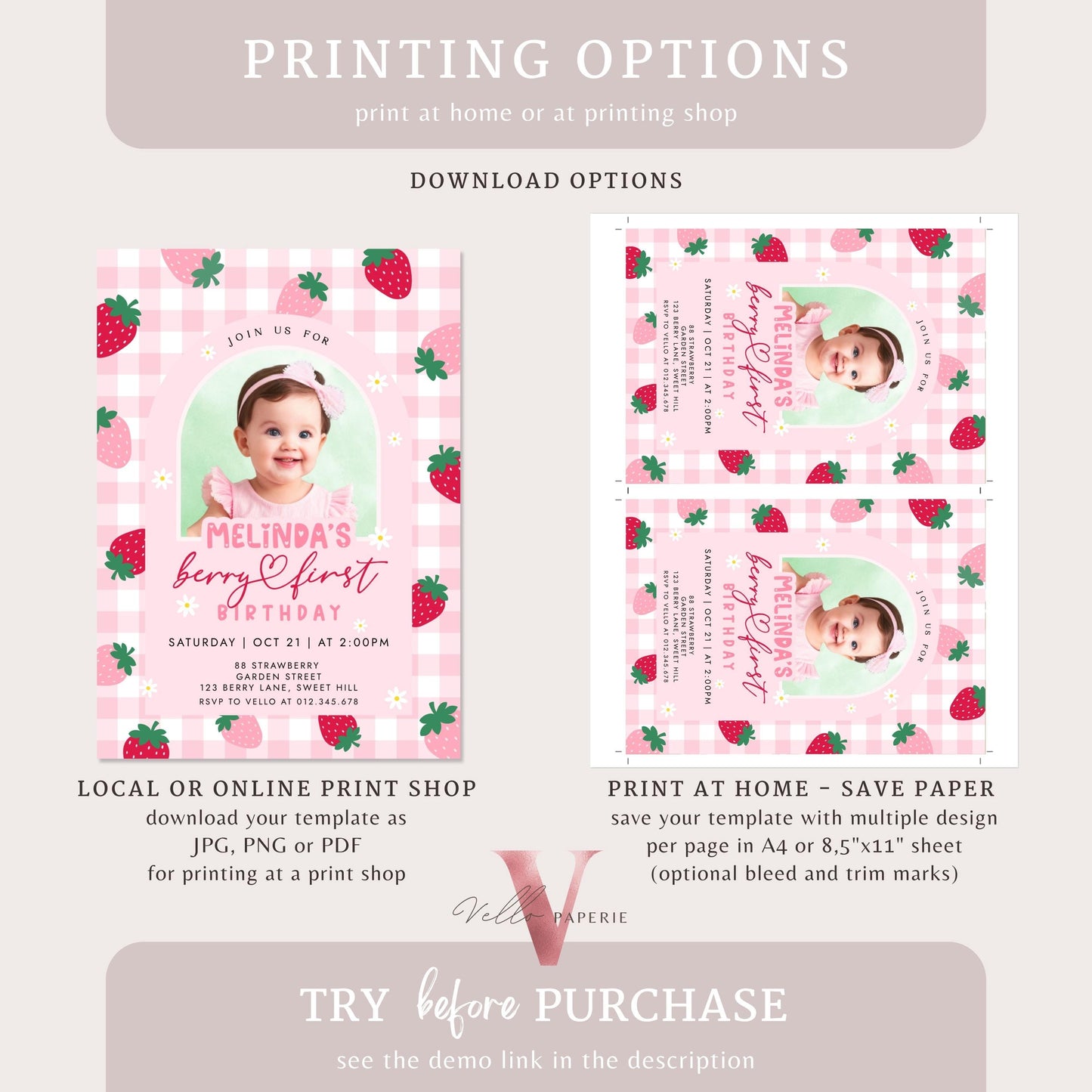 Photo Berry First Birthday Invitation Girl | Berry First Birthday Party Invite | Summer Girl Editable Template | Pink First Birthday Instant