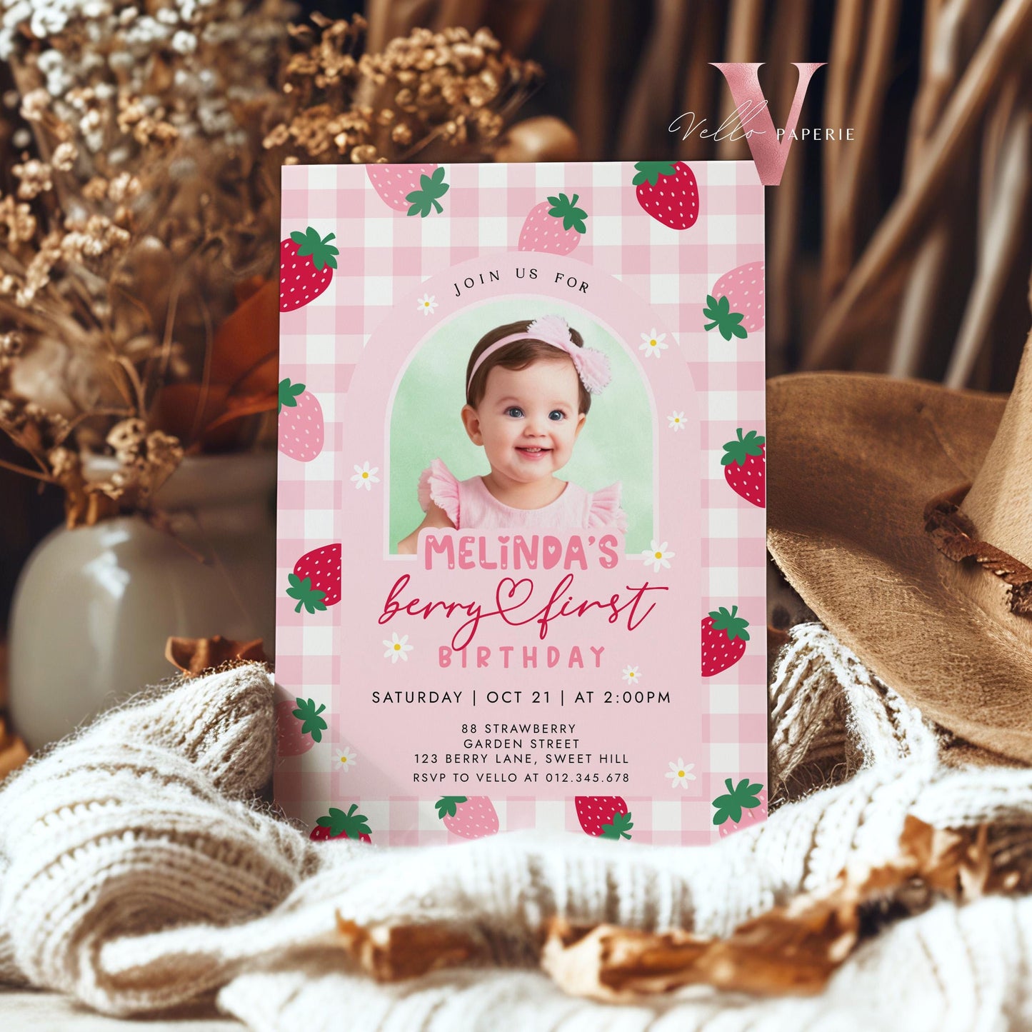 Photo Berry First Birthday Invitation Girl | Berry First Birthday Party Invite | Summer Girl Editable Template | Pink First Birthday Instant