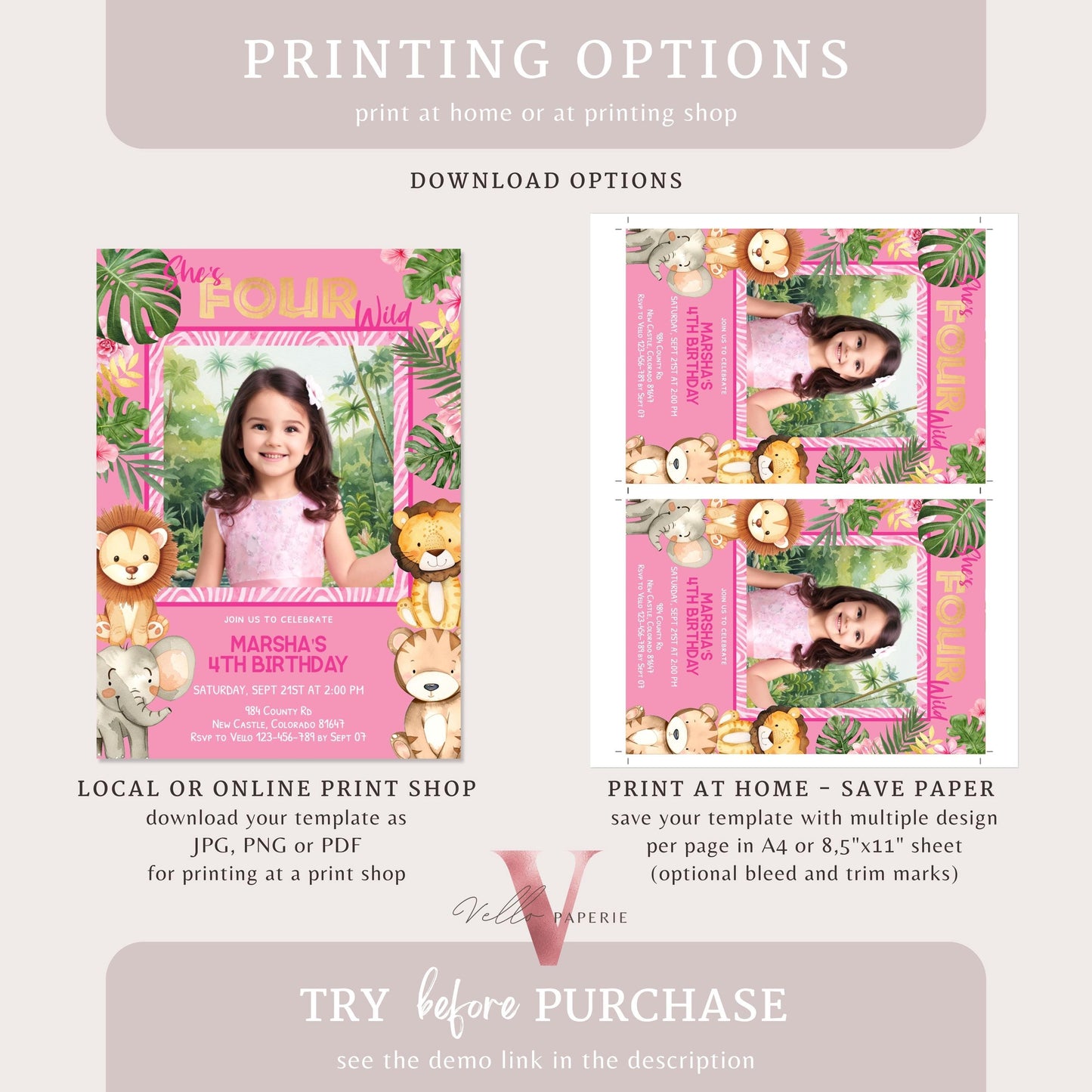 Any Age Safari Birthday Invitation Photo | Pink Tropical Jungle Party Invite | Summer Animal Party Editable Template | Pink Gold Wild Party