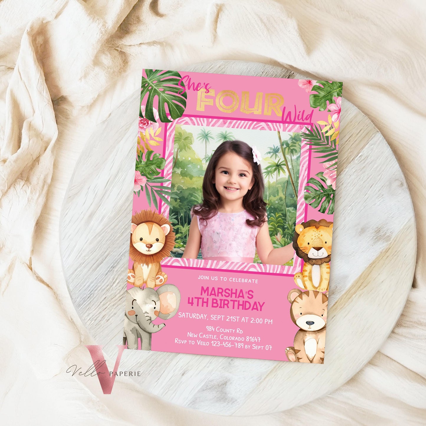 Any Age Safari Birthday Invitation Photo | Pink Tropical Jungle Party Invite | Summer Animal Party Editable Template | Pink Gold Wild Party