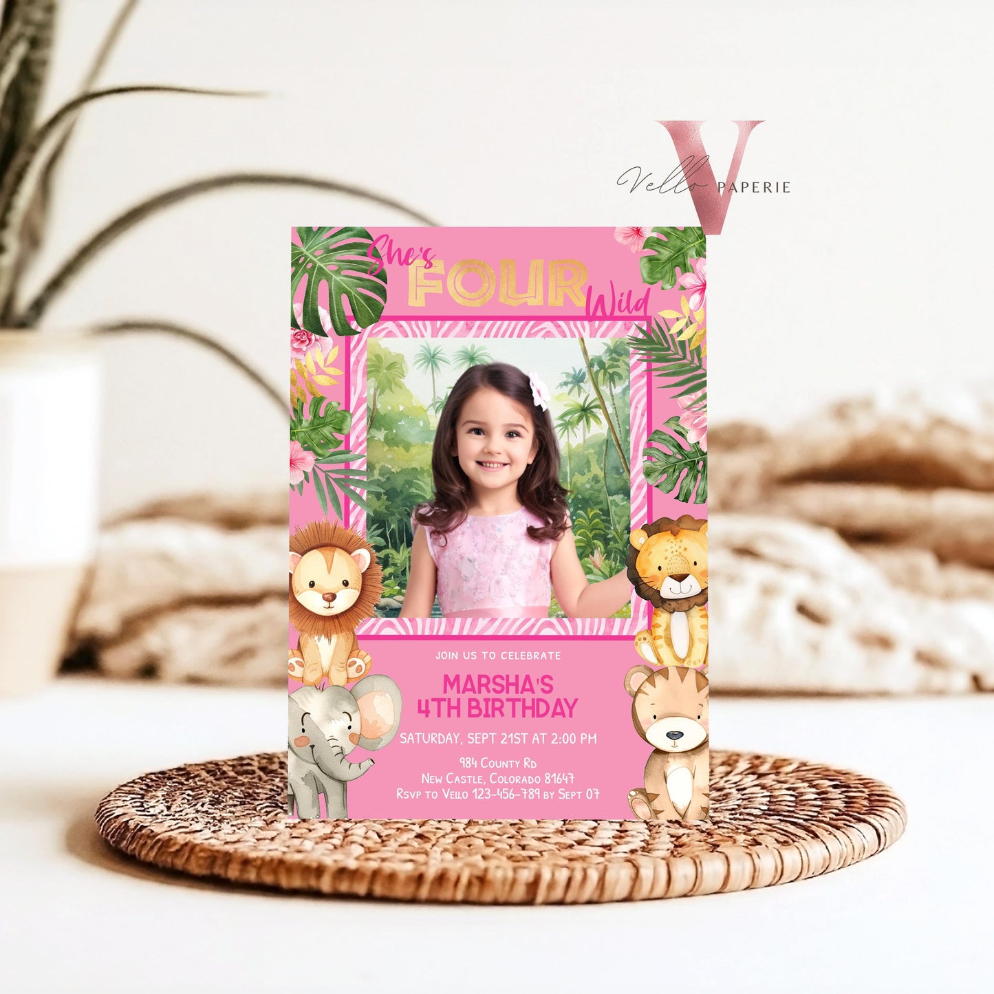 Any Age Safari Birthday Invitation Photo | Pink Tropical Jungle Party Invite | Summer Animal Party Editable Template | Pink Gold Wild Party